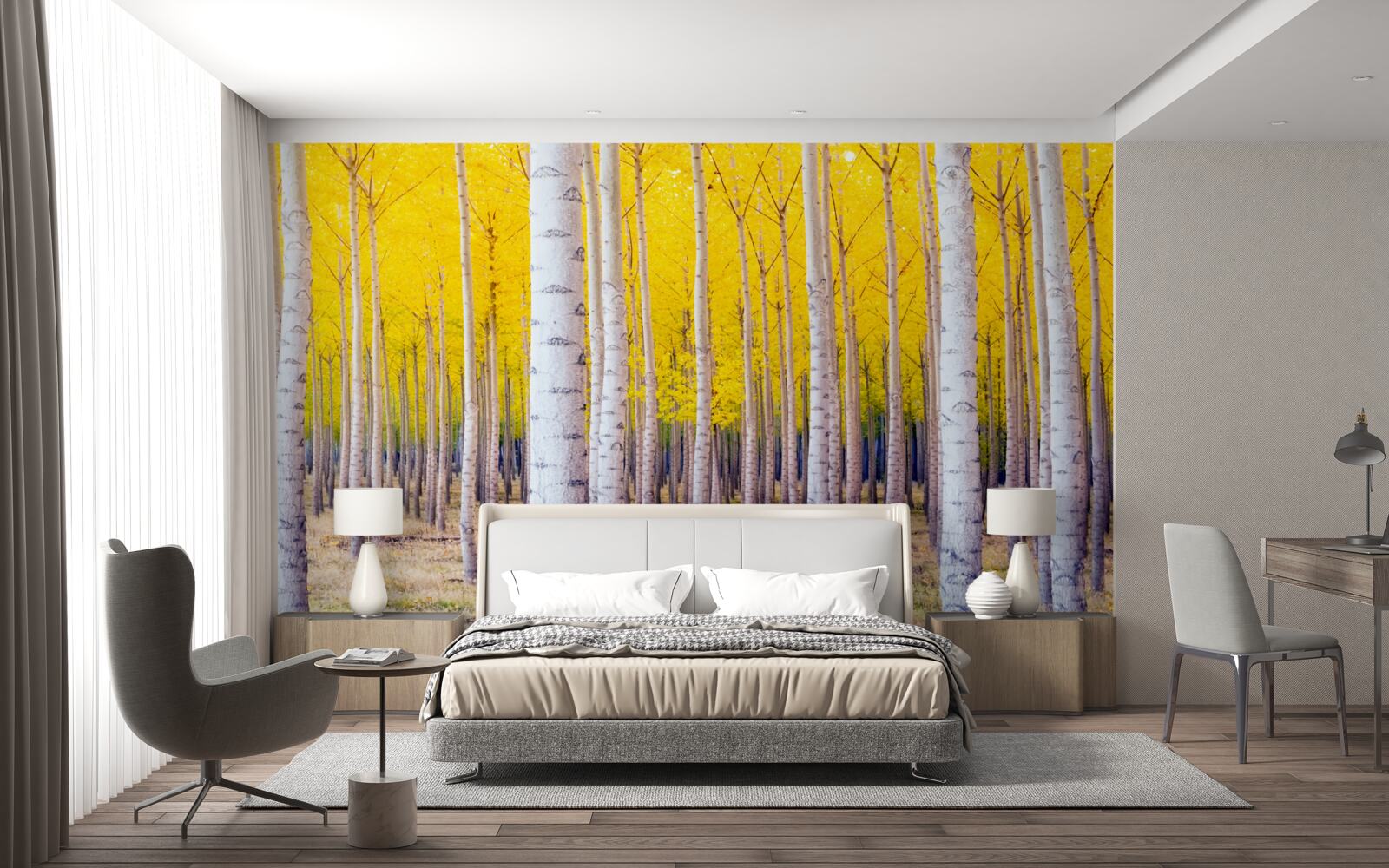 Fototapeta svetložlté farby sa rozžiaria v brezovom lese