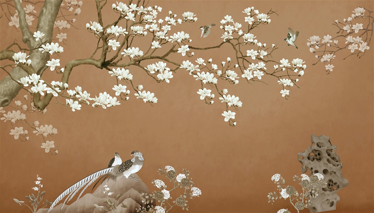 Fototapeta čerešňové kvety a vtáky v snehobielej farbe