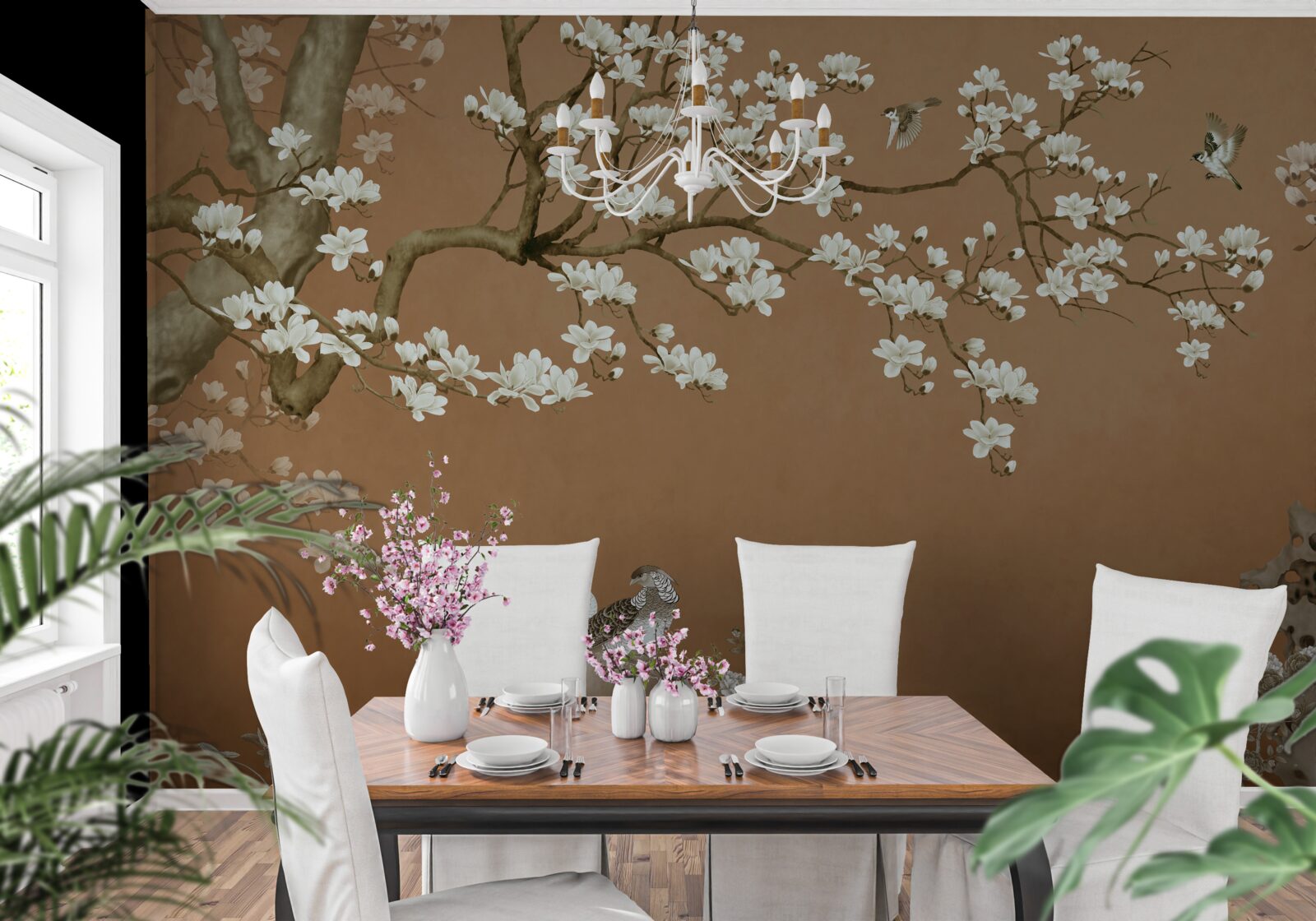 Fototapeta čerešňové kvety a vtáky v snehobielej farbe