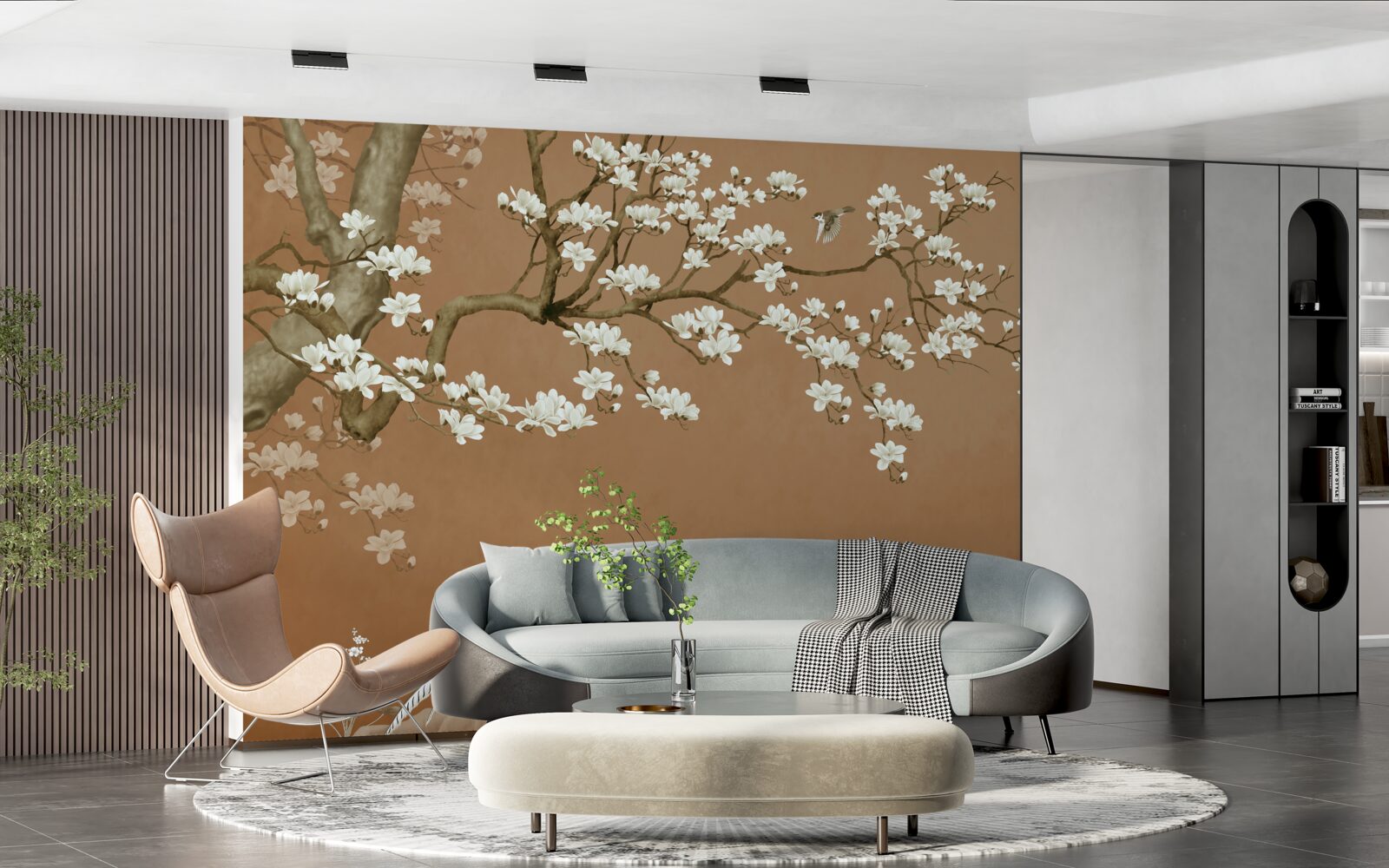 Fototapeta čerešňové kvety a vtáky v snehobielej farbe