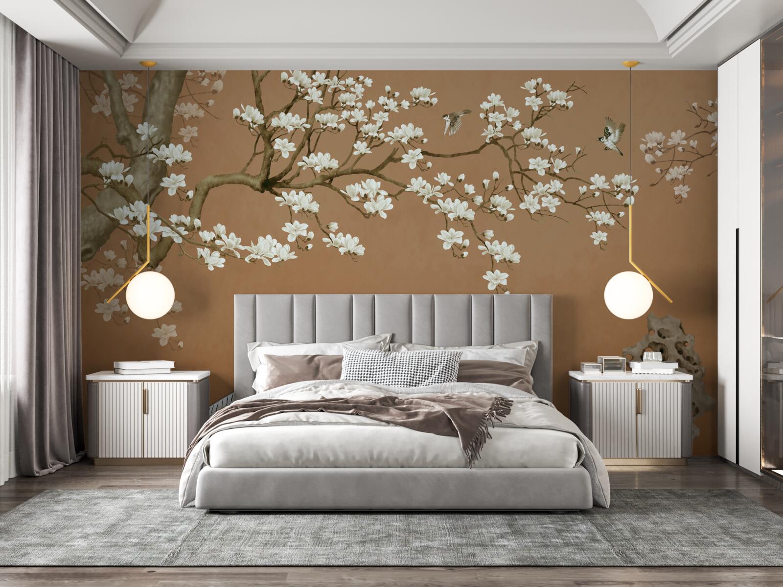 Fototapeta čerešňové kvety a vtáky v snehobielej farbe