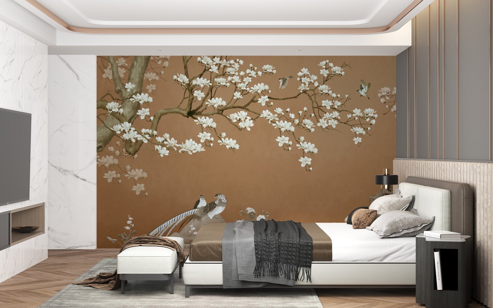 Fototapeta čerešňové kvety a vtáky v snehobielej farbe