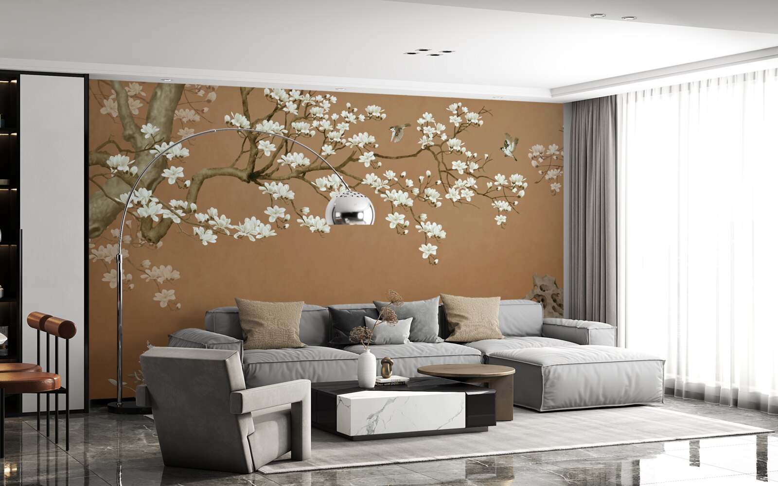 Fototapeta čerešňové kvety a vtáky v snehobielej farbe