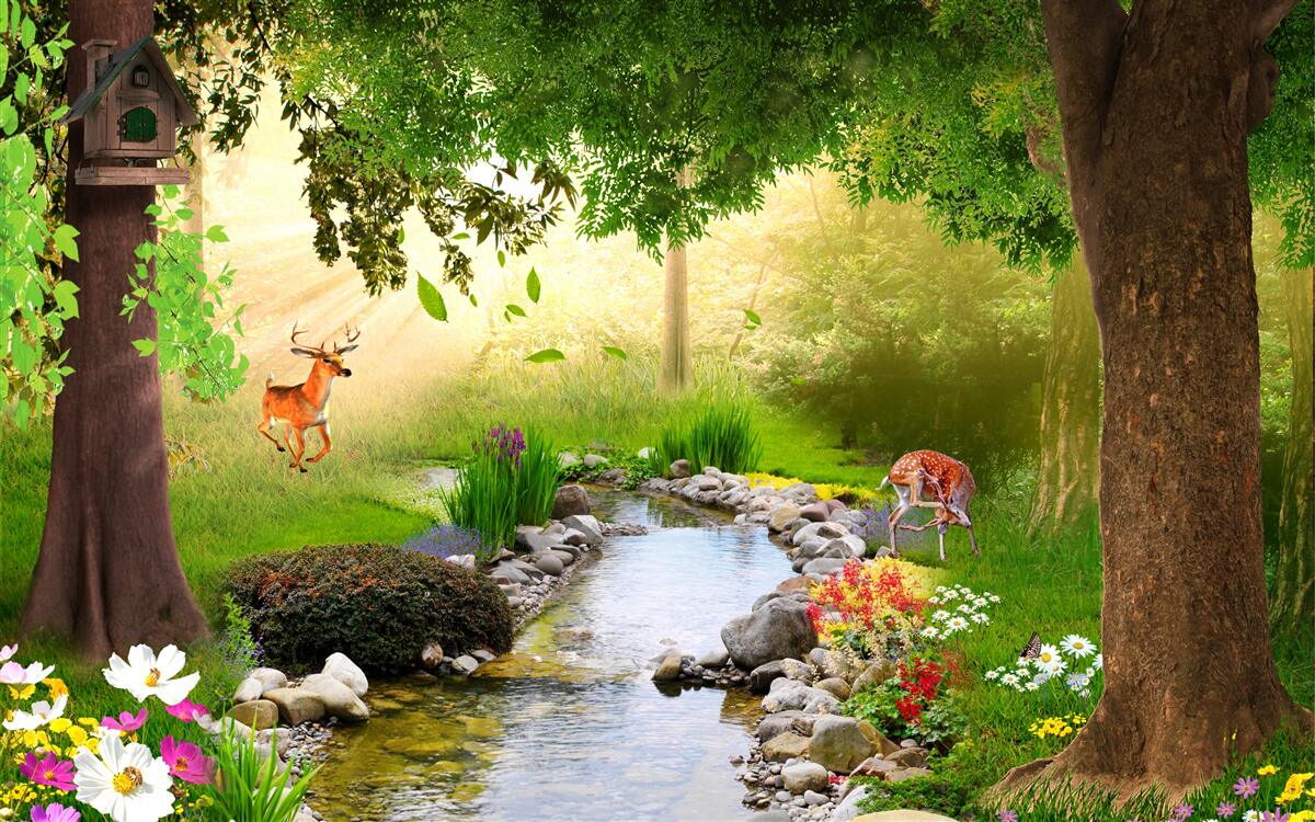 Fototapeta jeleň stojí vedľa lesnej rieky