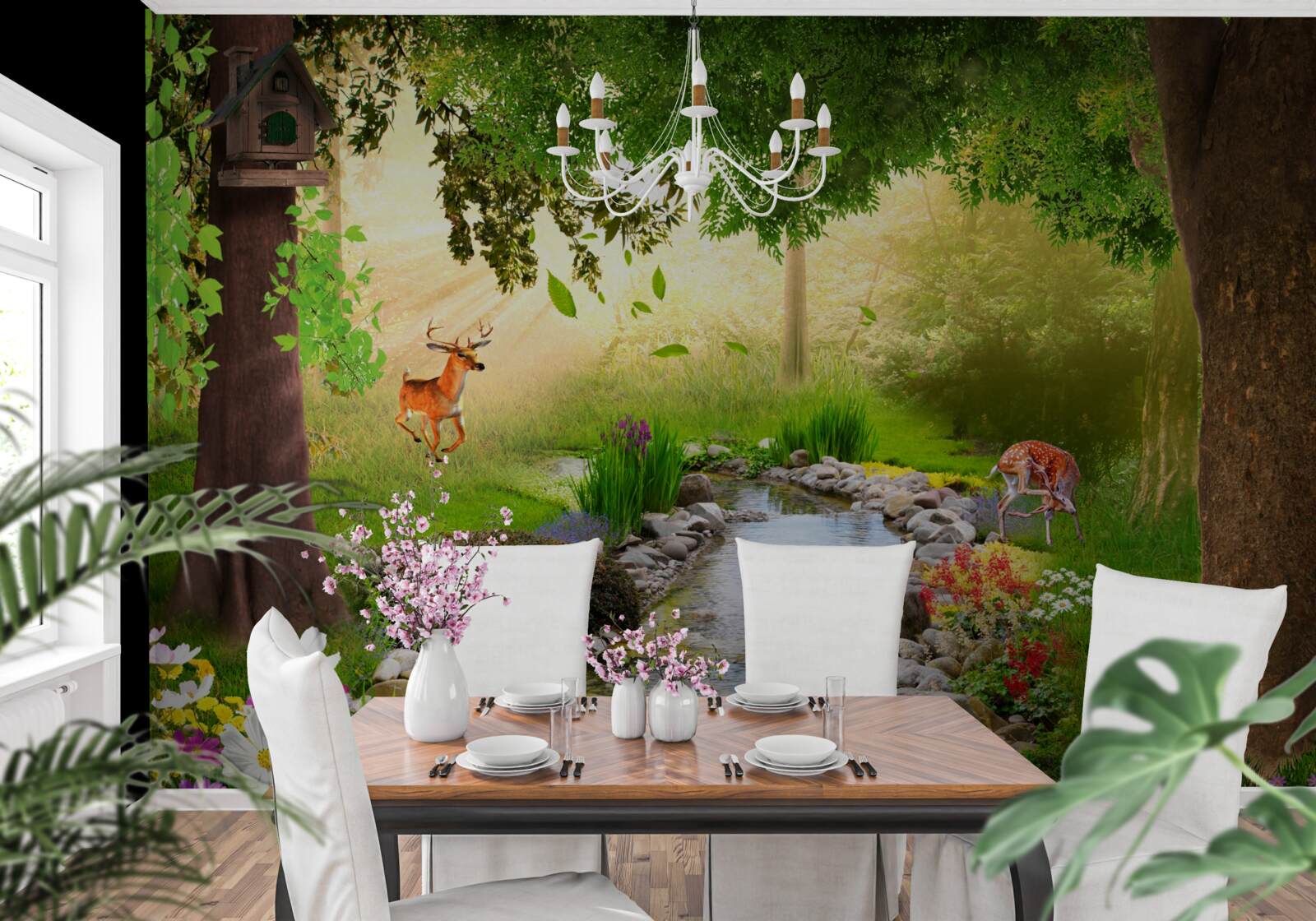 Fototapeta jeleň stojí vedľa lesnej rieky