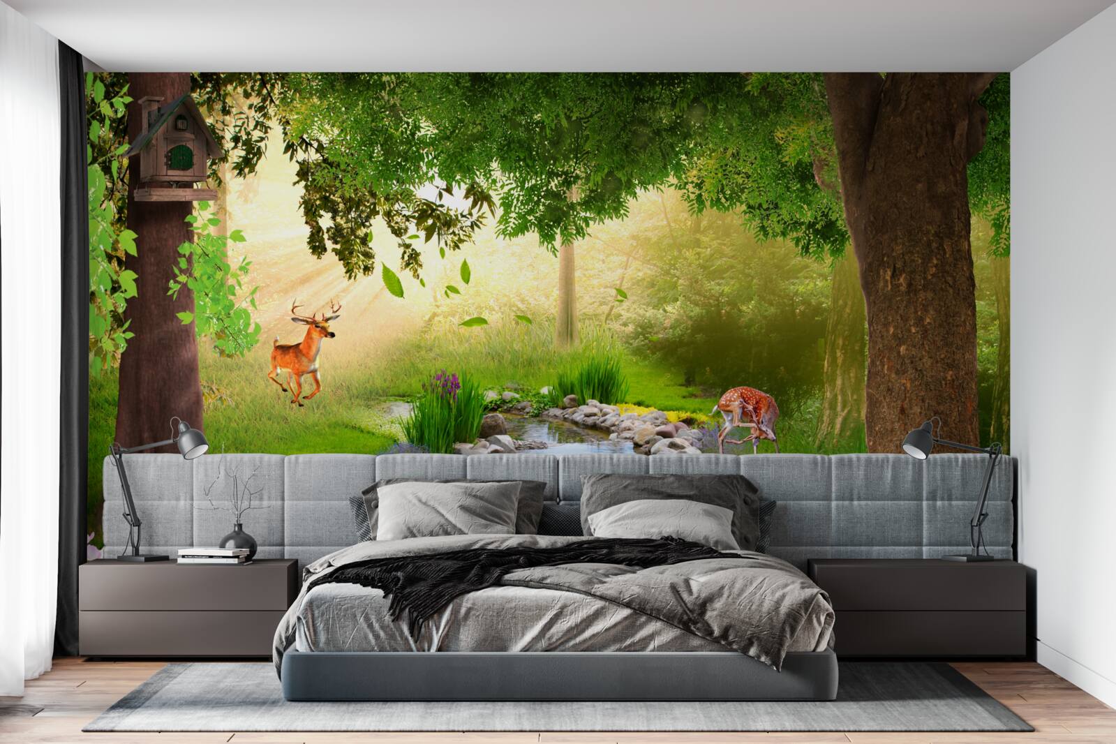 Fototapeta jeleň stojí vedľa lesnej rieky