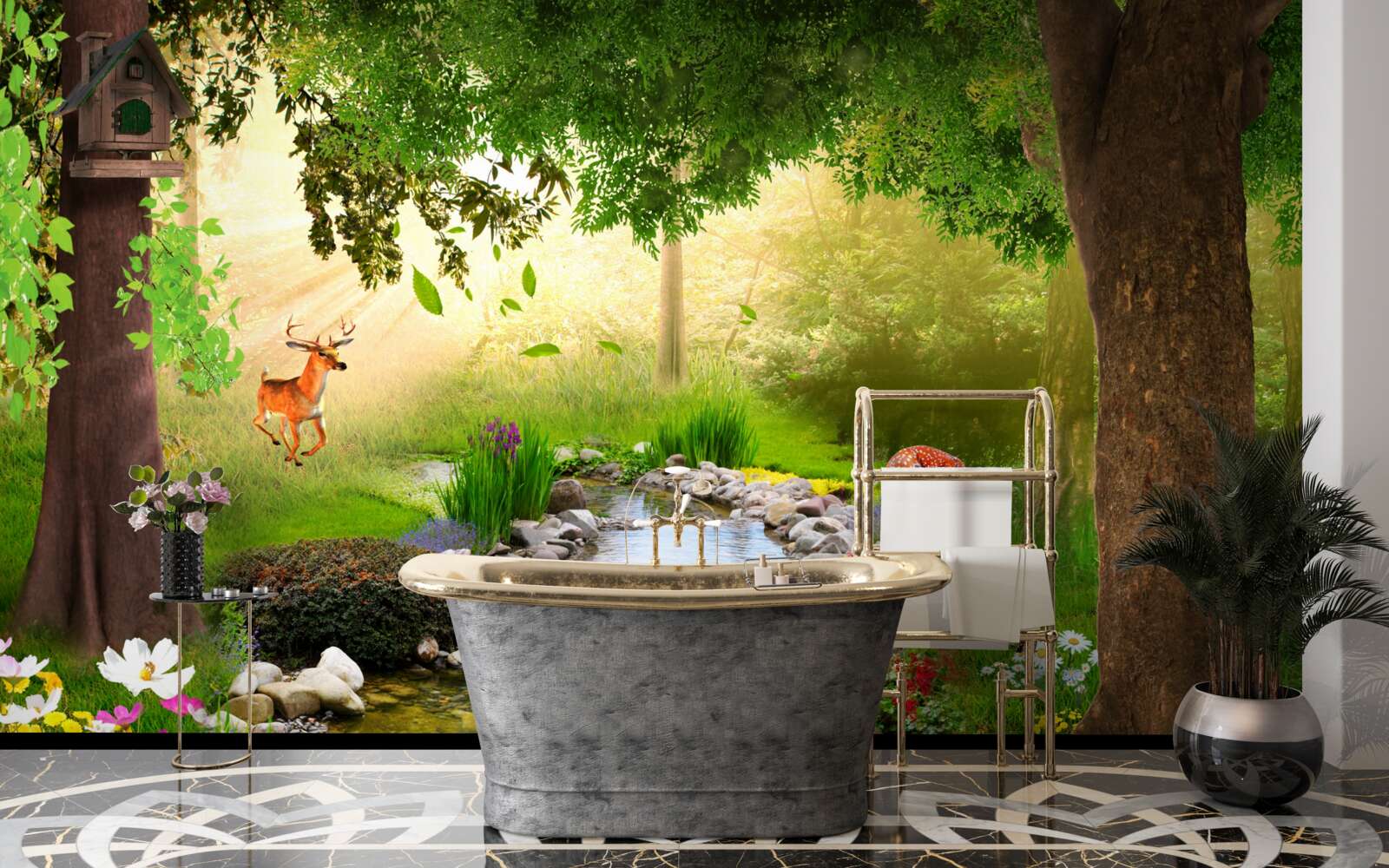 Fototapeta jeleň stojí vedľa lesnej rieky