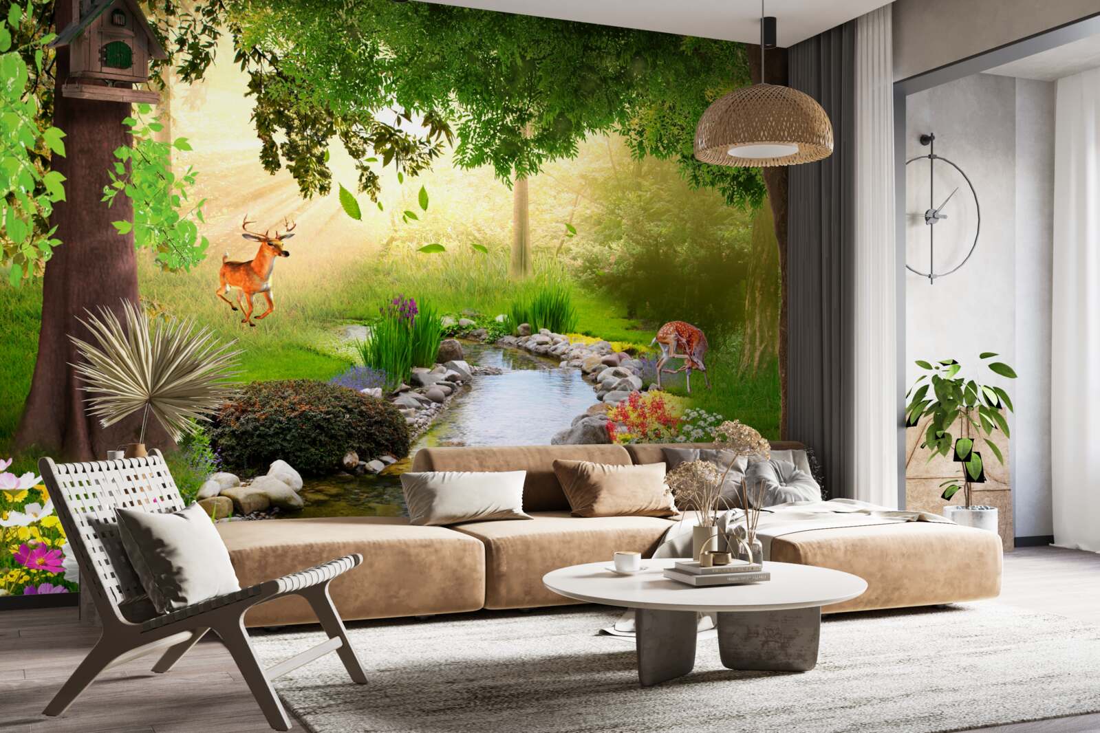 Fototapeta jeleň stojí vedľa lesnej rieky