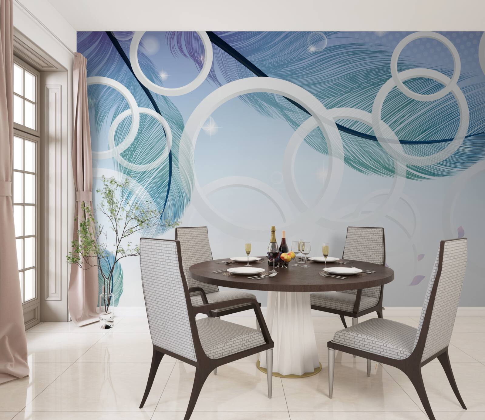 Fototapeta veľké biele kruhy a perie