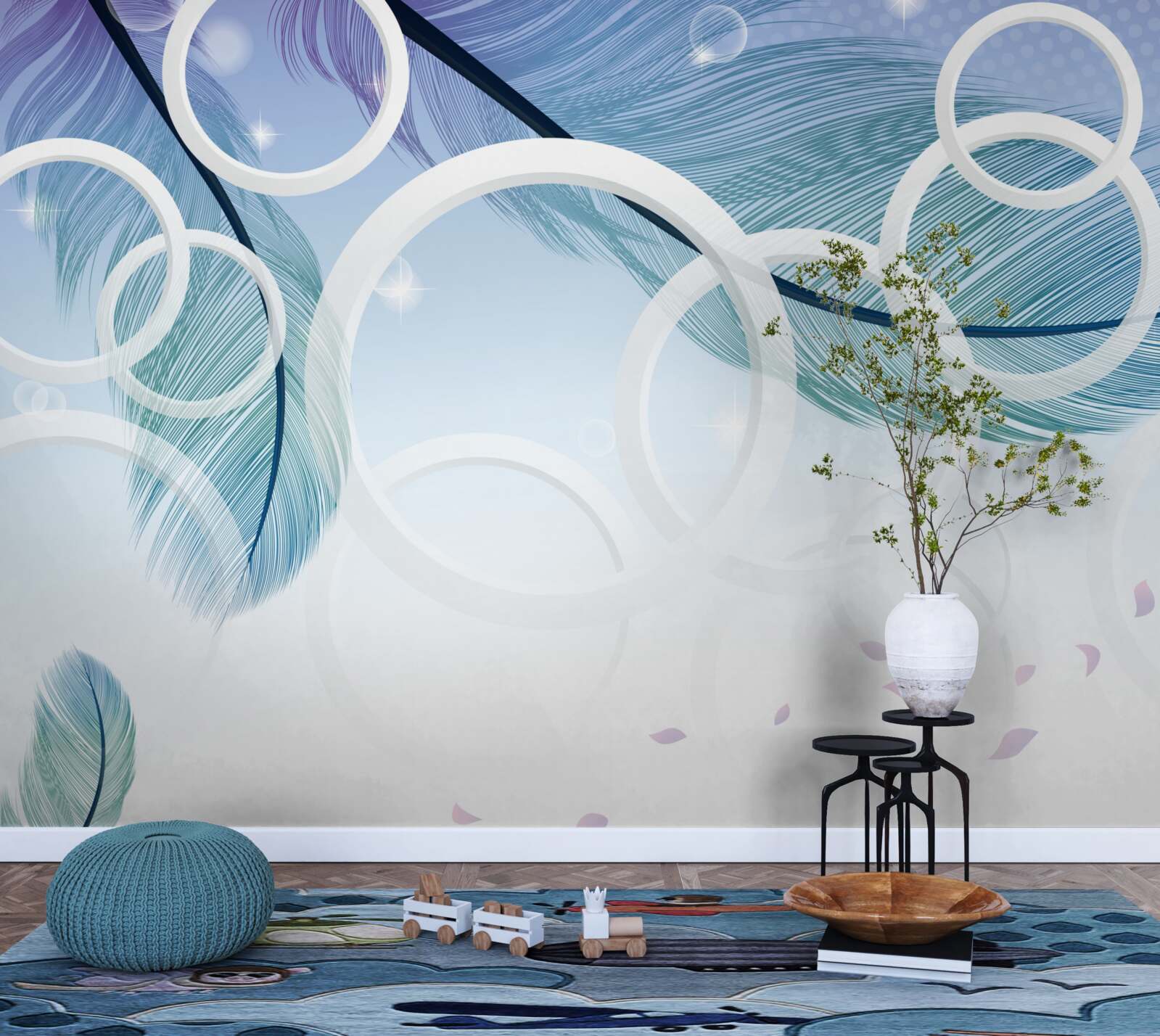 Fototapeta veľké biele kruhy a perie