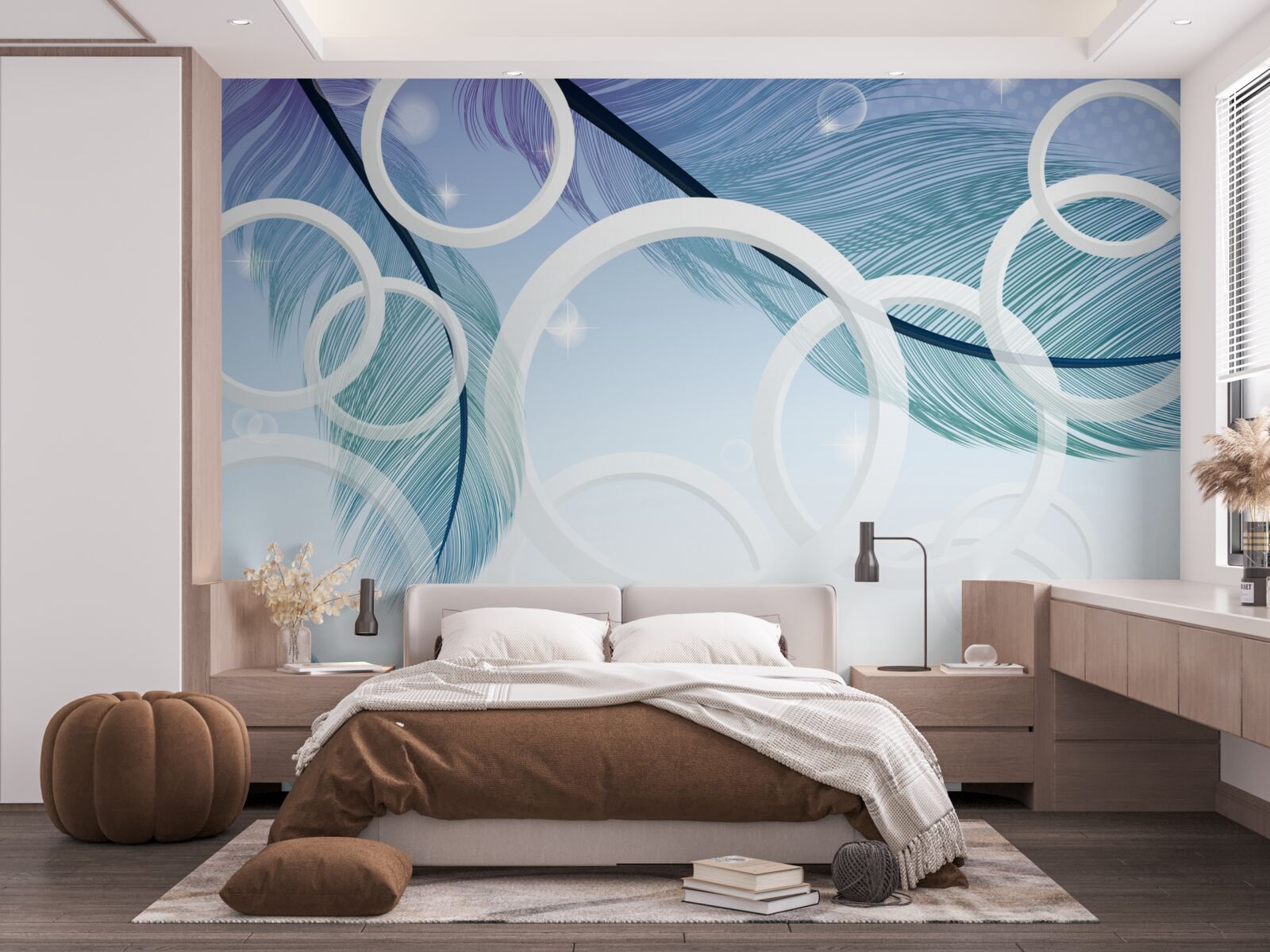 Fototapeta veľké biele kruhy a perie