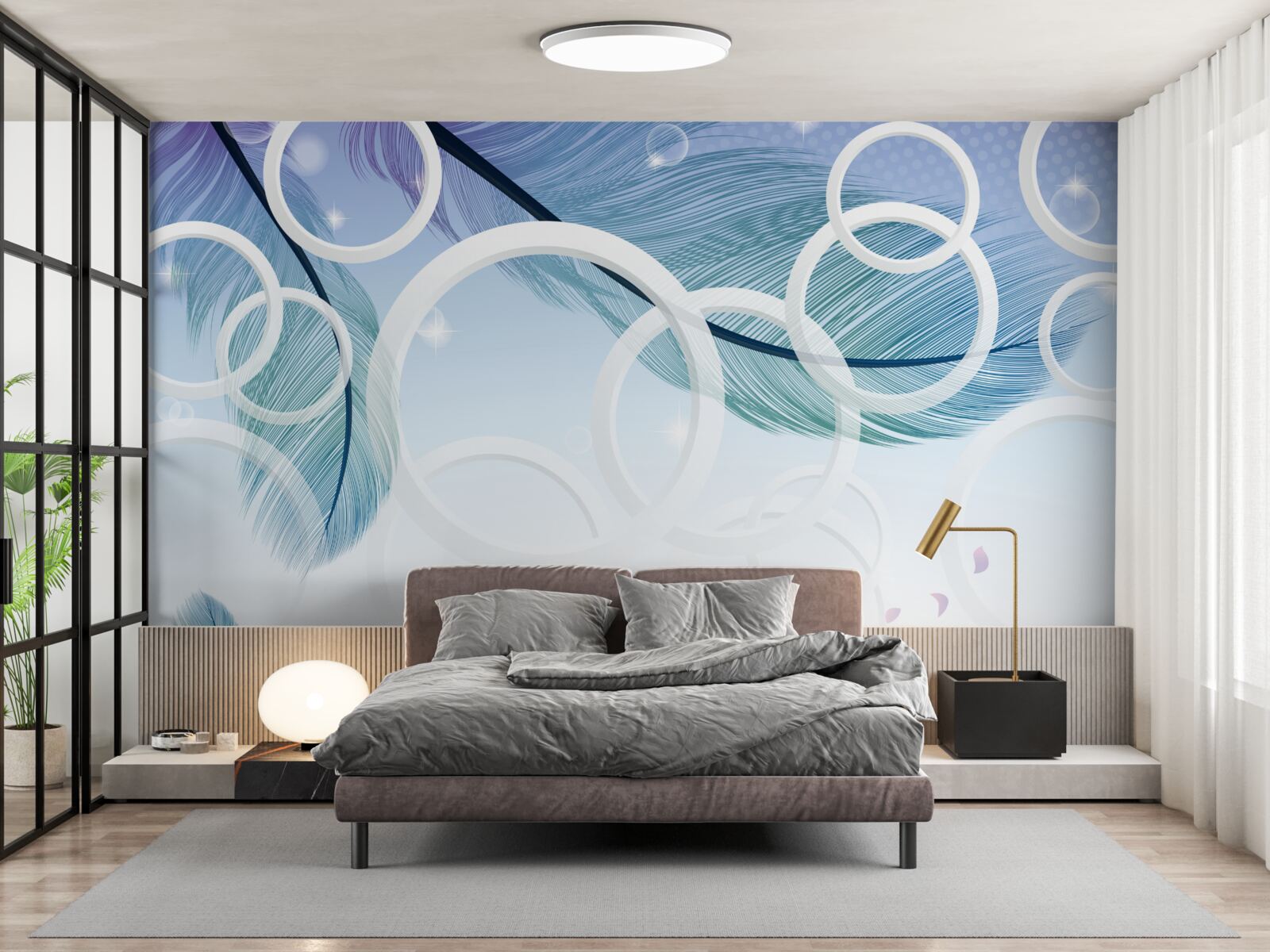 Fototapeta veľké biele kruhy a perie