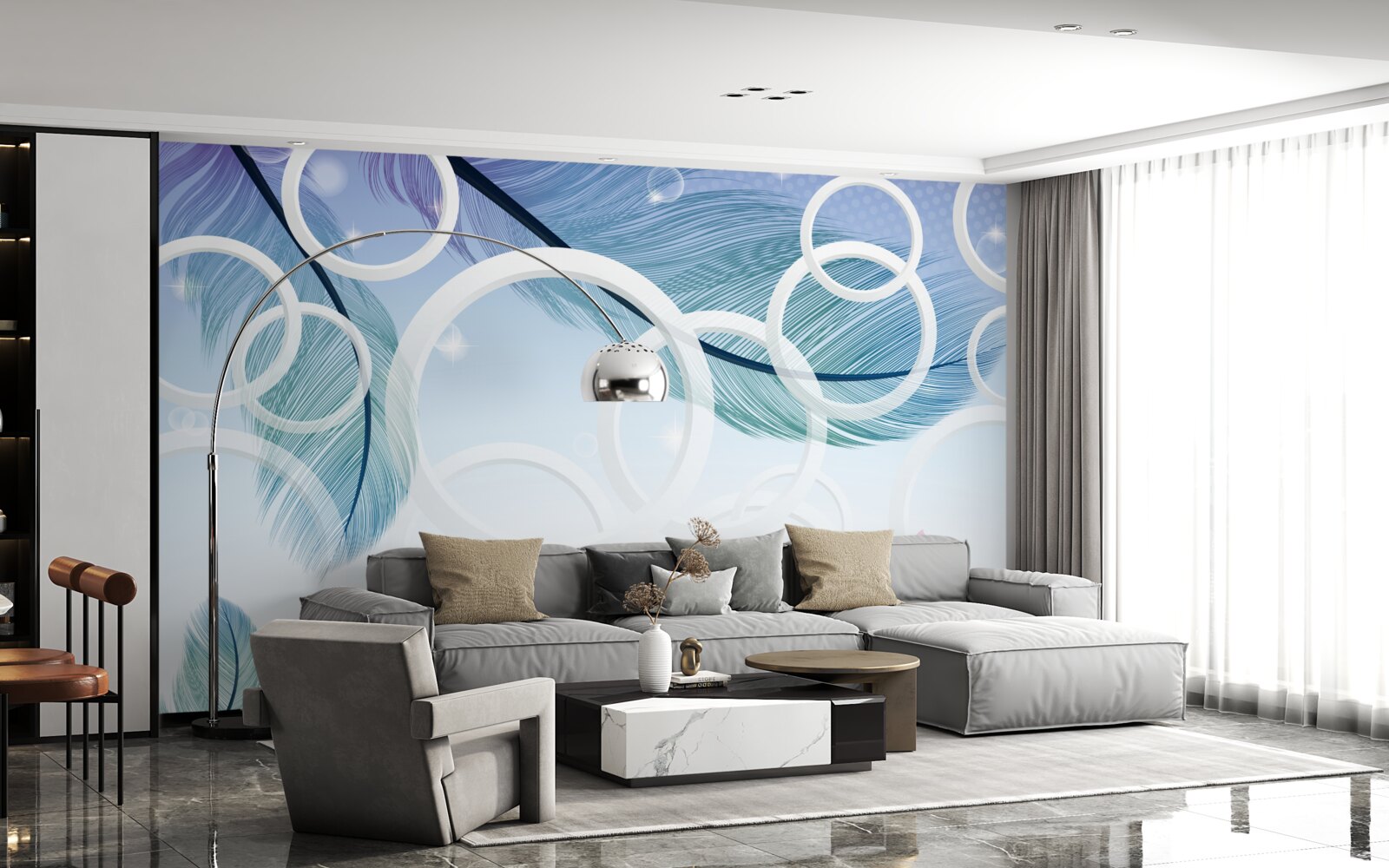 Fototapeta veľké biele kruhy a perie