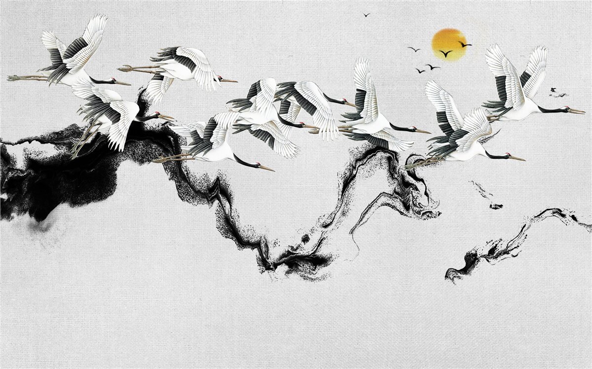 Fototapeta Skupina žeriavov z Japonska stúpa k západu slnka