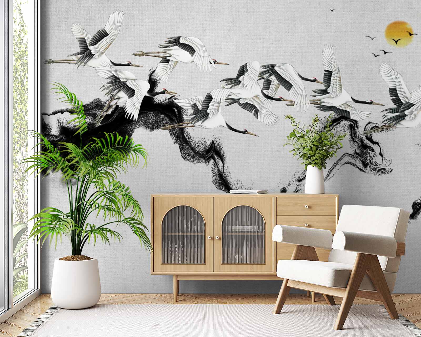 Fototapeta Skupina žeriavov z Japonska stúpa k západu slnka