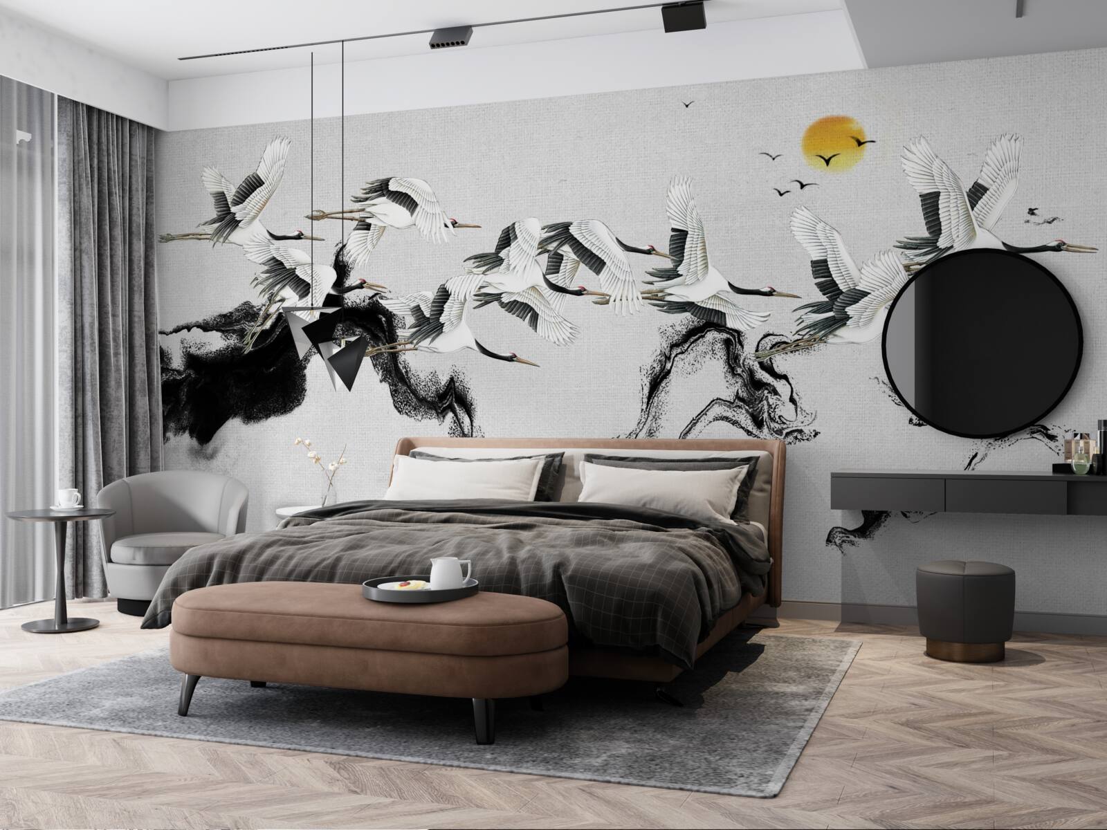 Fototapeta Skupina žeriavov z Japonska stúpa k západu slnka