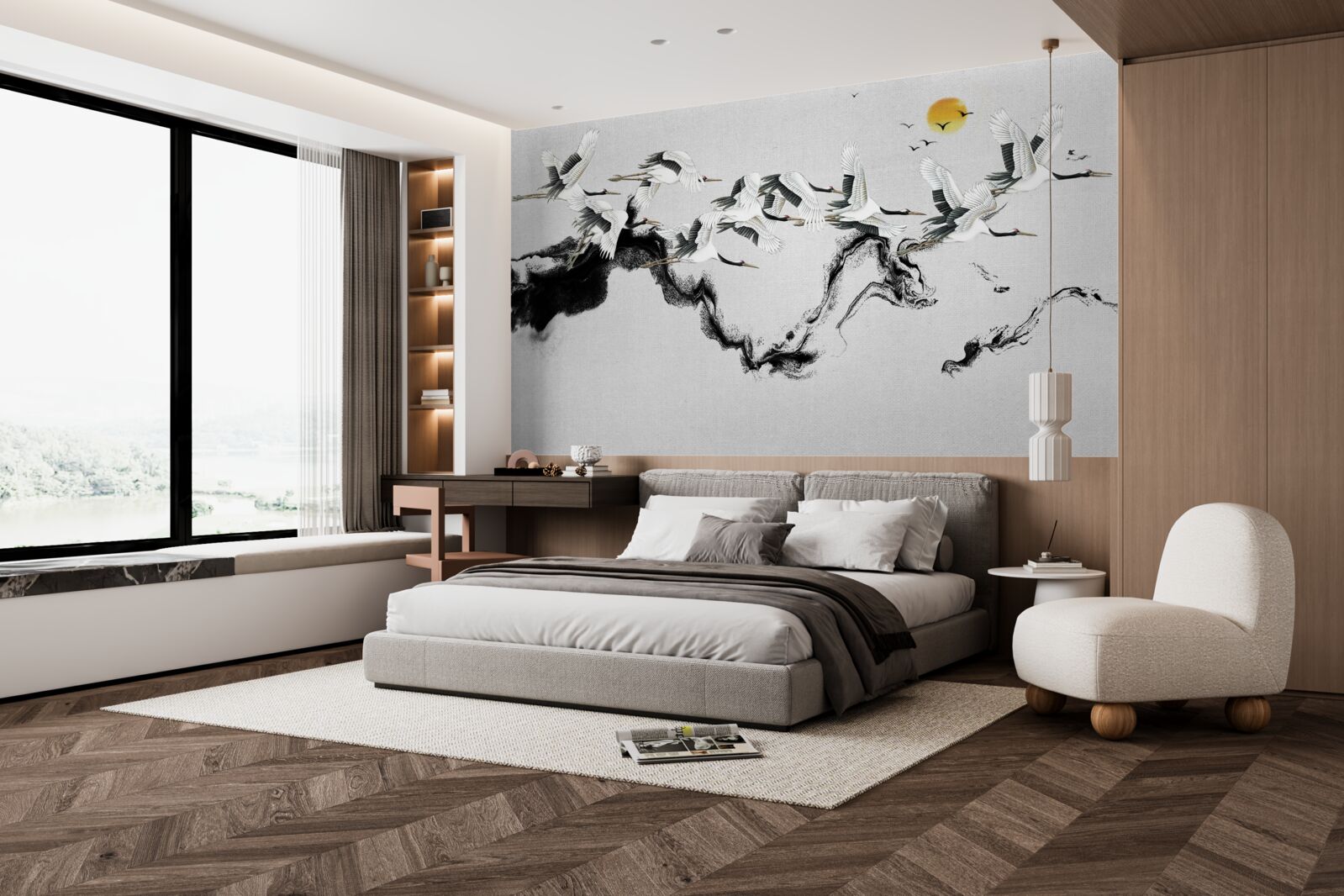 Fototapeta Skupina žeriavov z Japonska stúpa k západu slnka