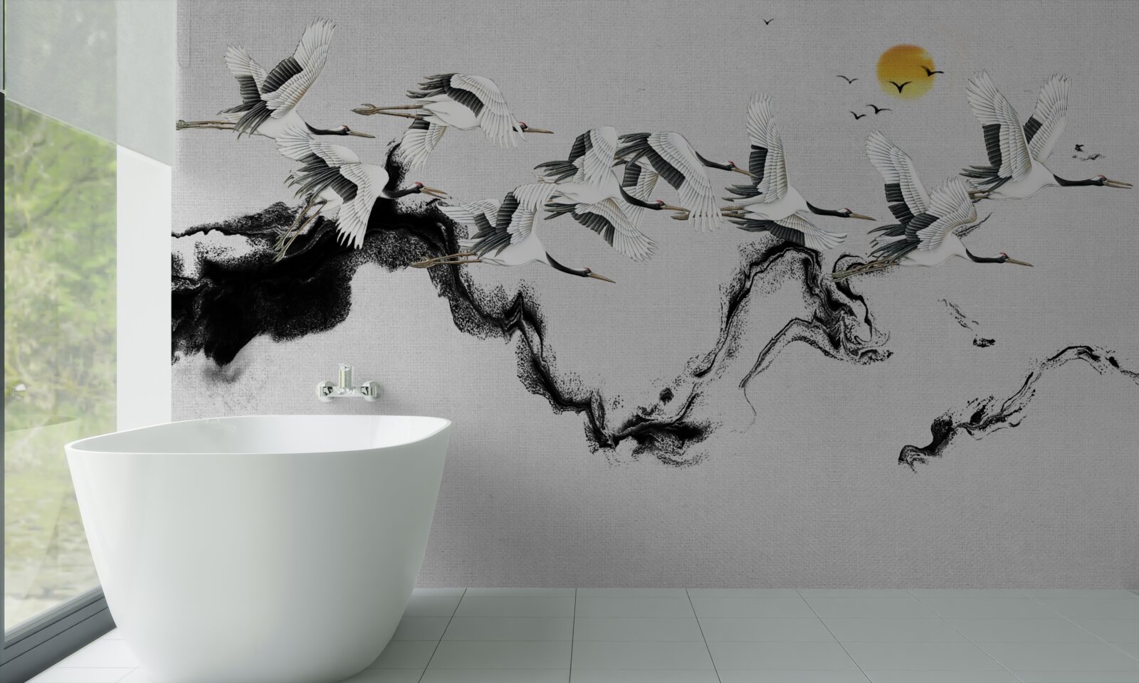 Fototapeta Skupina žeriavov z Japonska stúpa k západu slnka