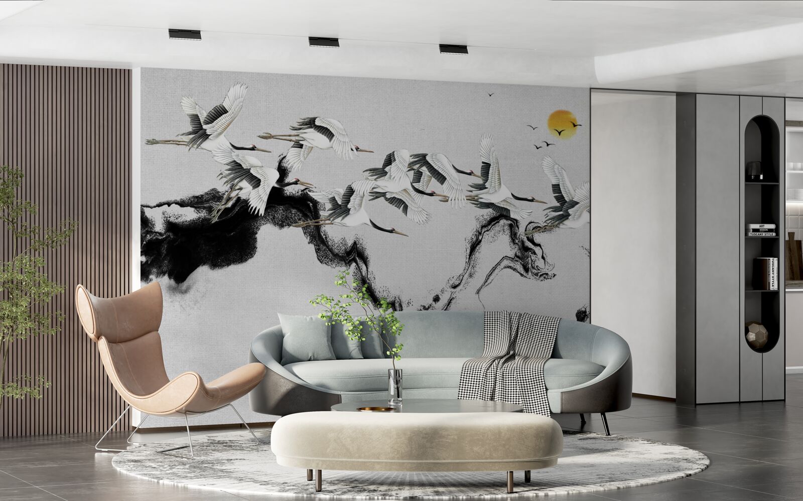 Fototapeta Skupina žeriavov z Japonska stúpa k západu slnka