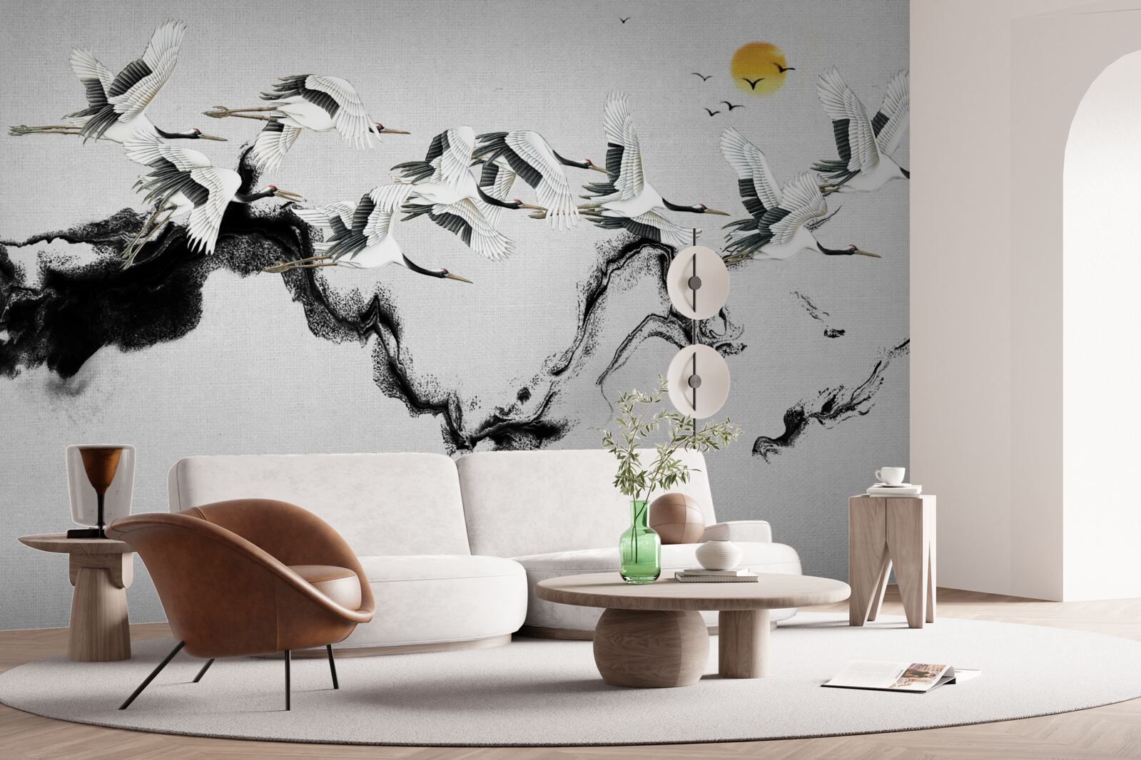 Fototapeta Skupina žeriavov z Japonska stúpa k západu slnka