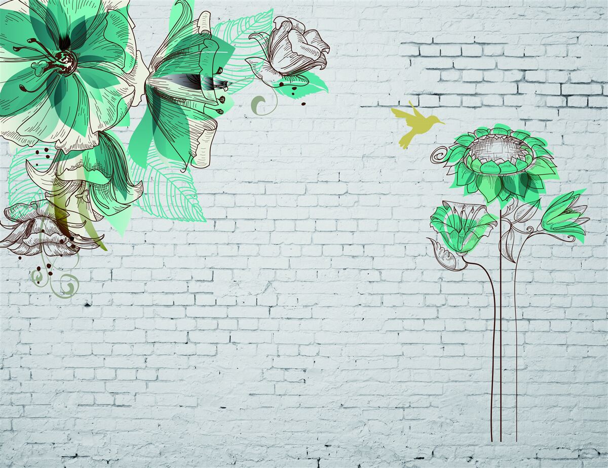 Fototapeta tyrkysové kvety na bielych tehlách