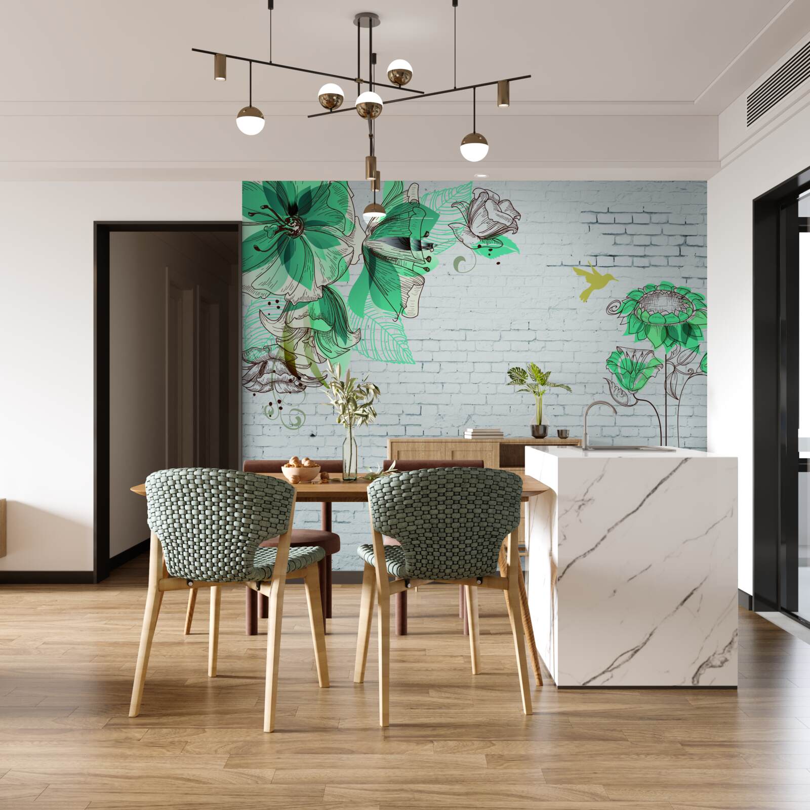 Fototapeta tyrkysové kvety na bielych tehlách