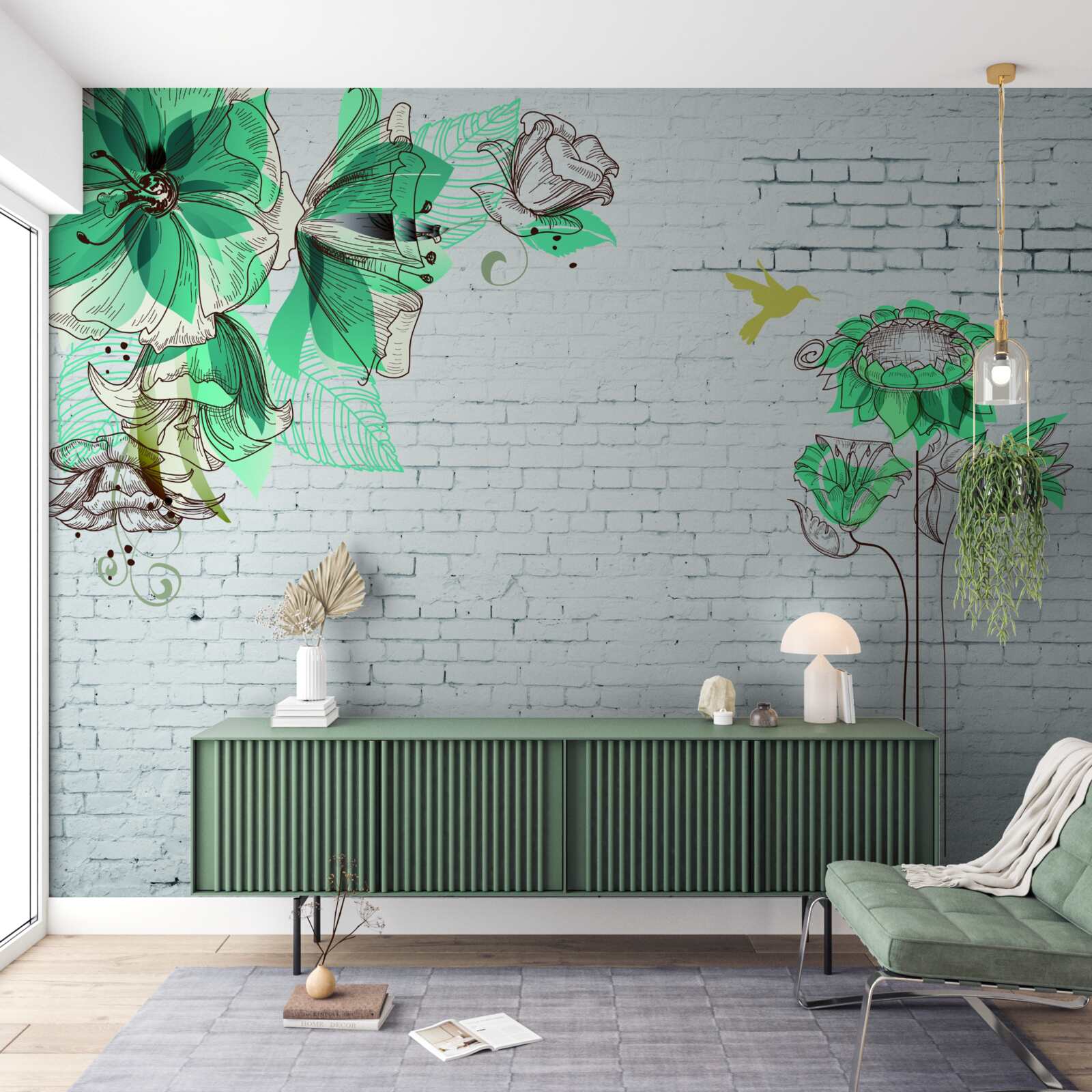 Fototapeta tyrkysové kvety na bielych tehlách