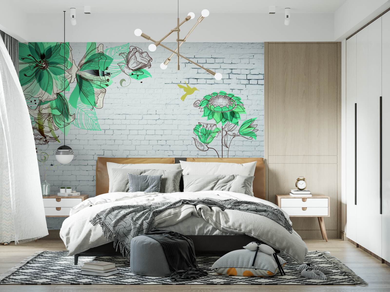 Fototapeta tyrkysové kvety na bielych tehlách