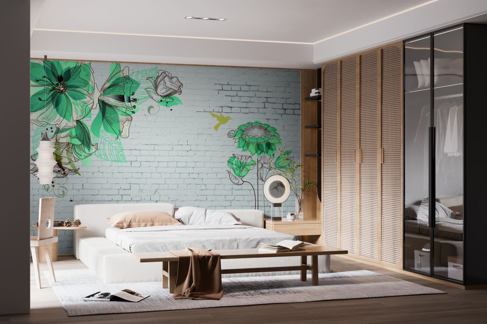 Fototapeta tyrkysové kvety na bielych tehlách