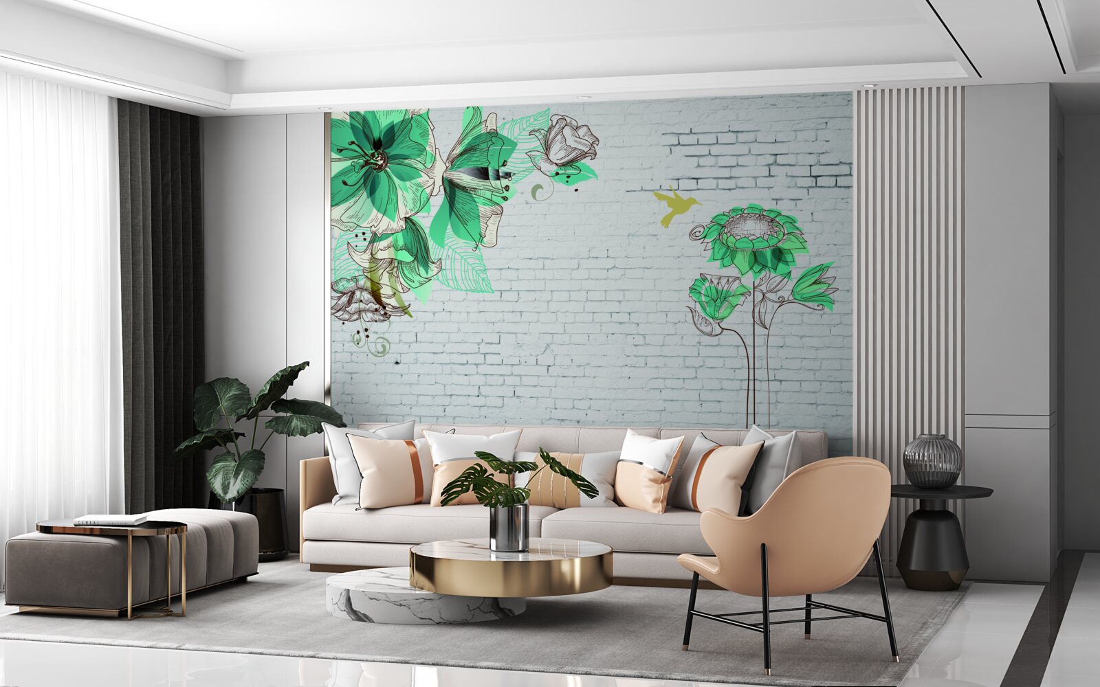 Fototapeta tyrkysové kvety na bielych tehlách