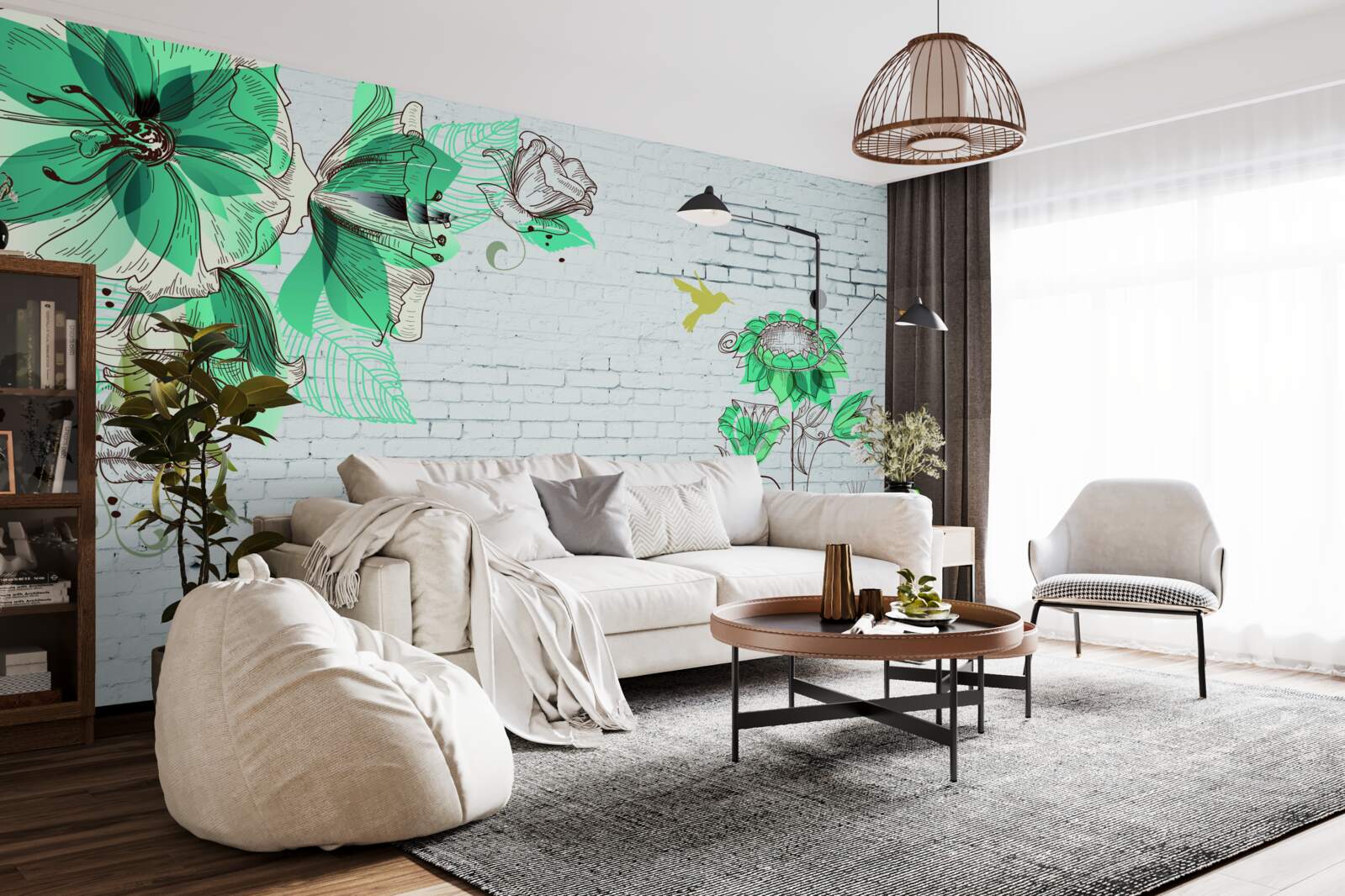 Fototapeta tyrkysové kvety na bielych tehlách