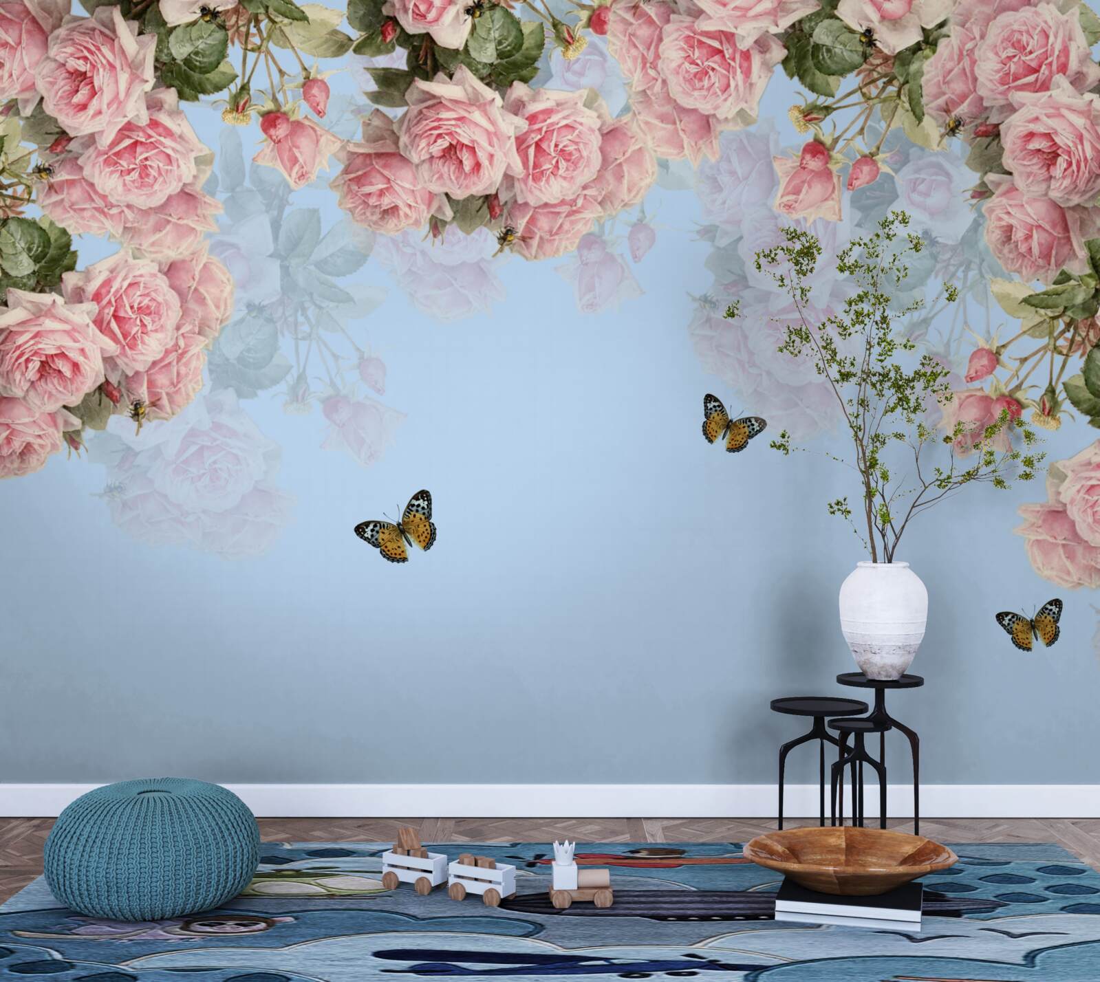 Fototapeta na modrom podklade sú ružové ruže