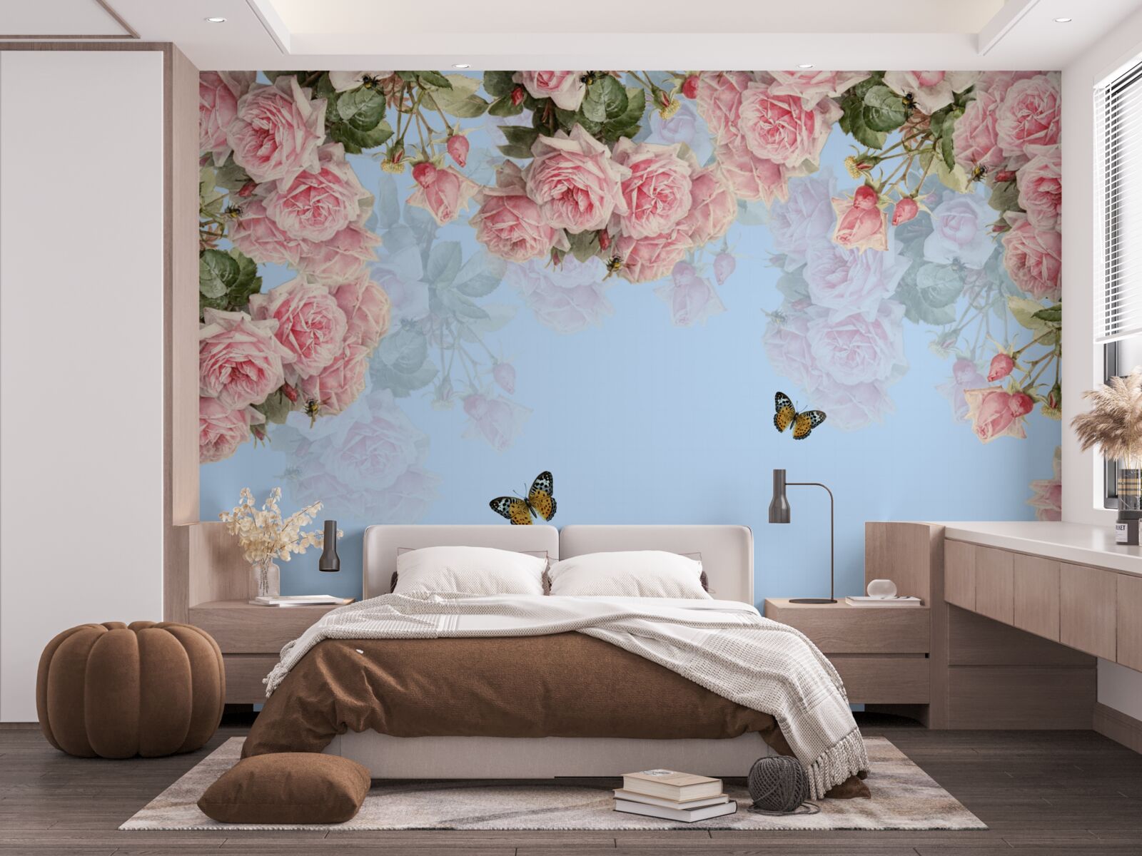 Fototapeta na modrom podklade sú ružové ruže