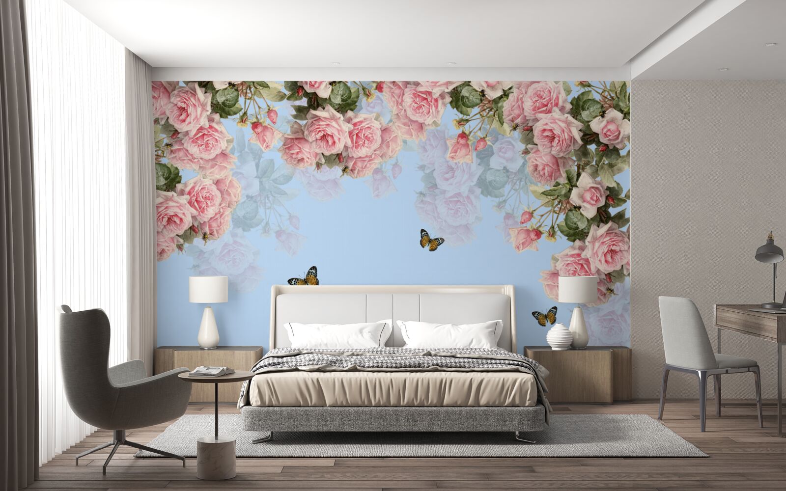 Fototapeta na modrom podklade sú ružové ruže