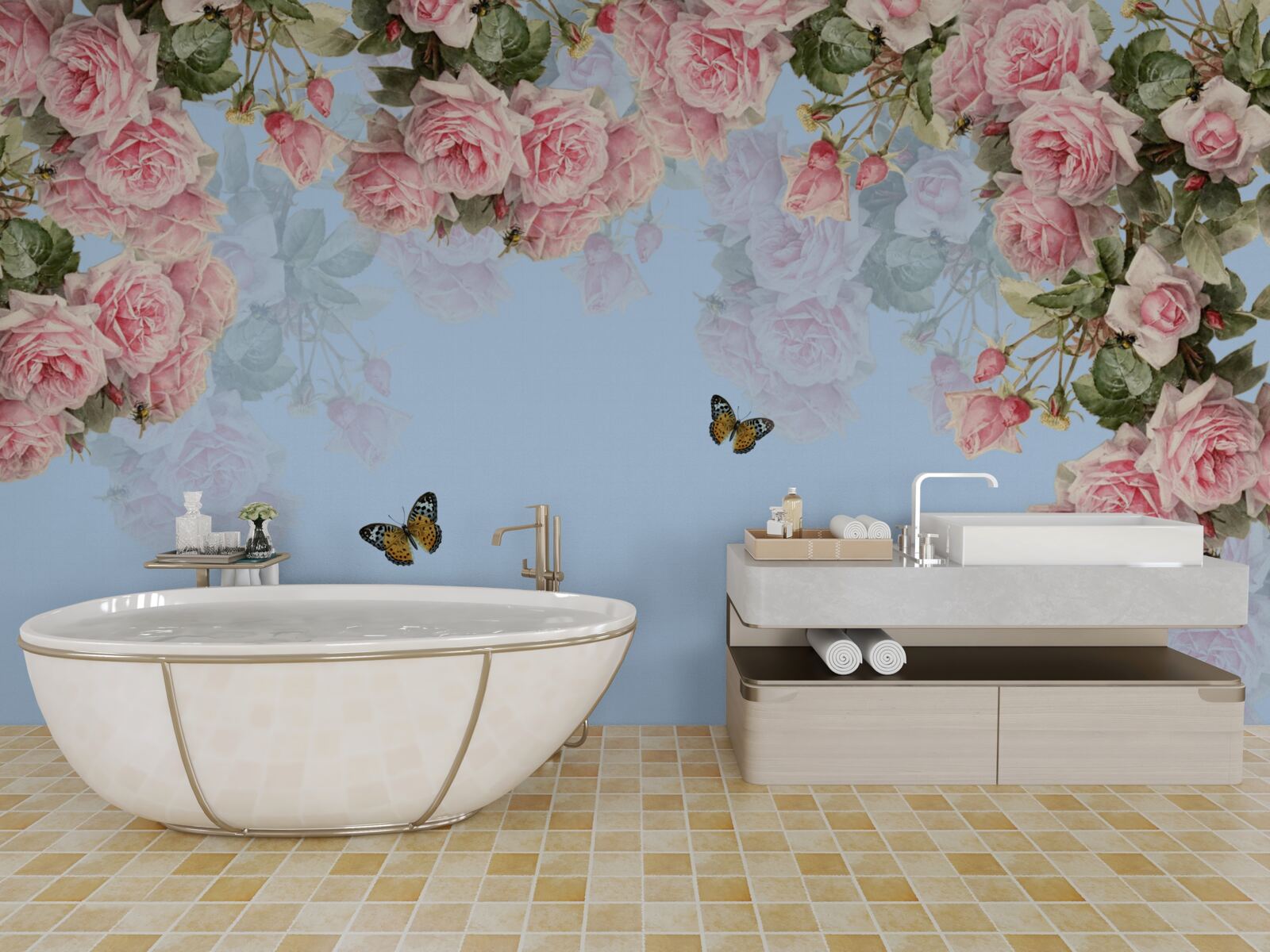 Fototapeta na modrom podklade sú ružové ruže