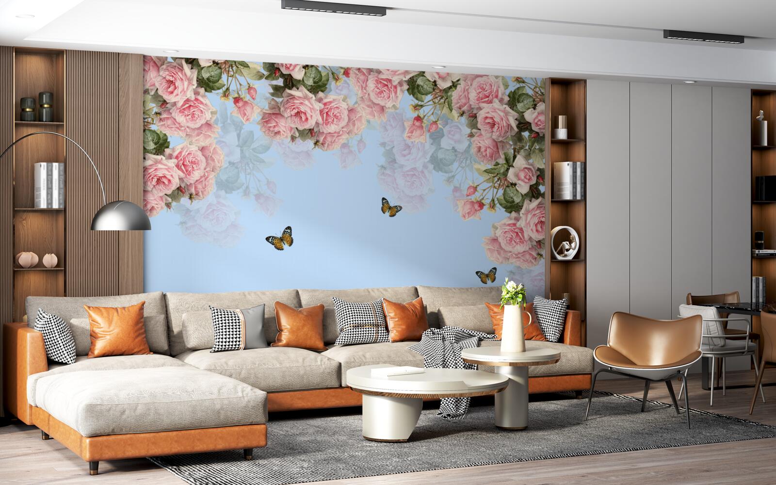 Fototapeta na modrom podklade sú ružové ruže