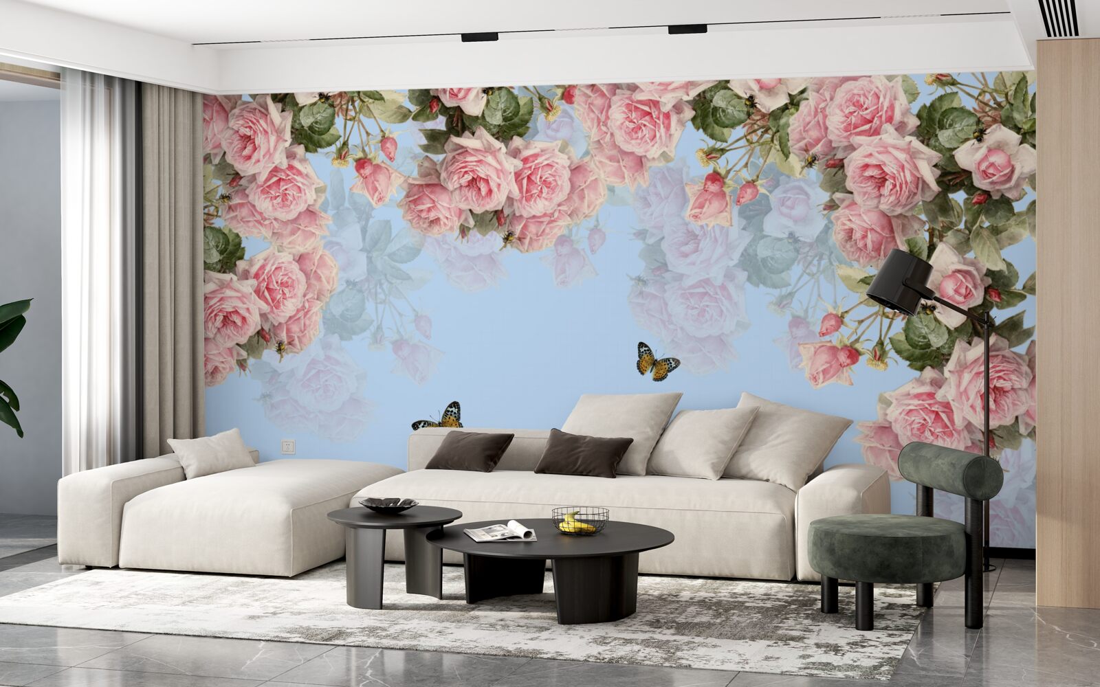 Fototapeta na modrom podklade sú ružové ruže