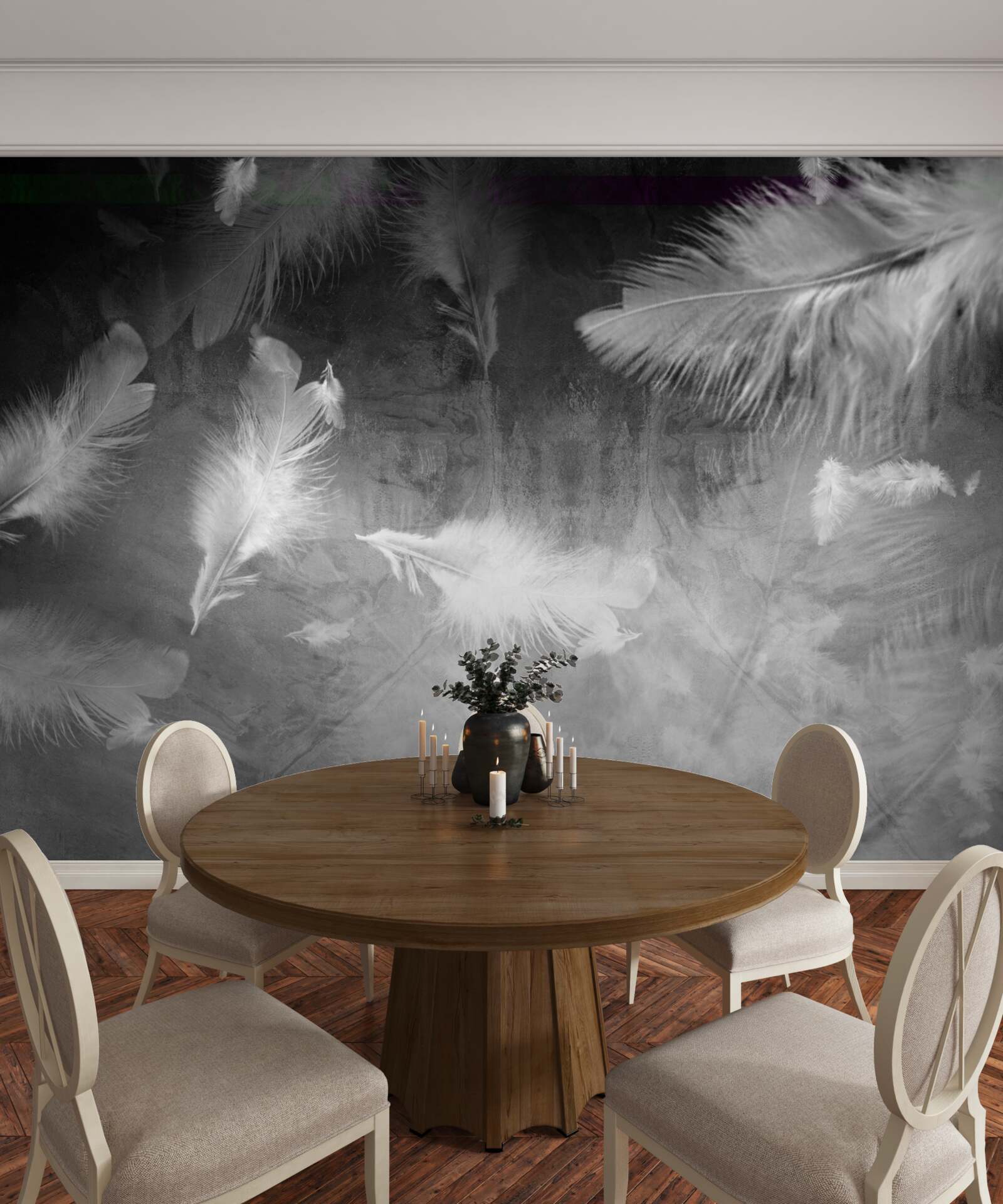 Fototapeta sivý podklad je zdobený bielymi pierkami