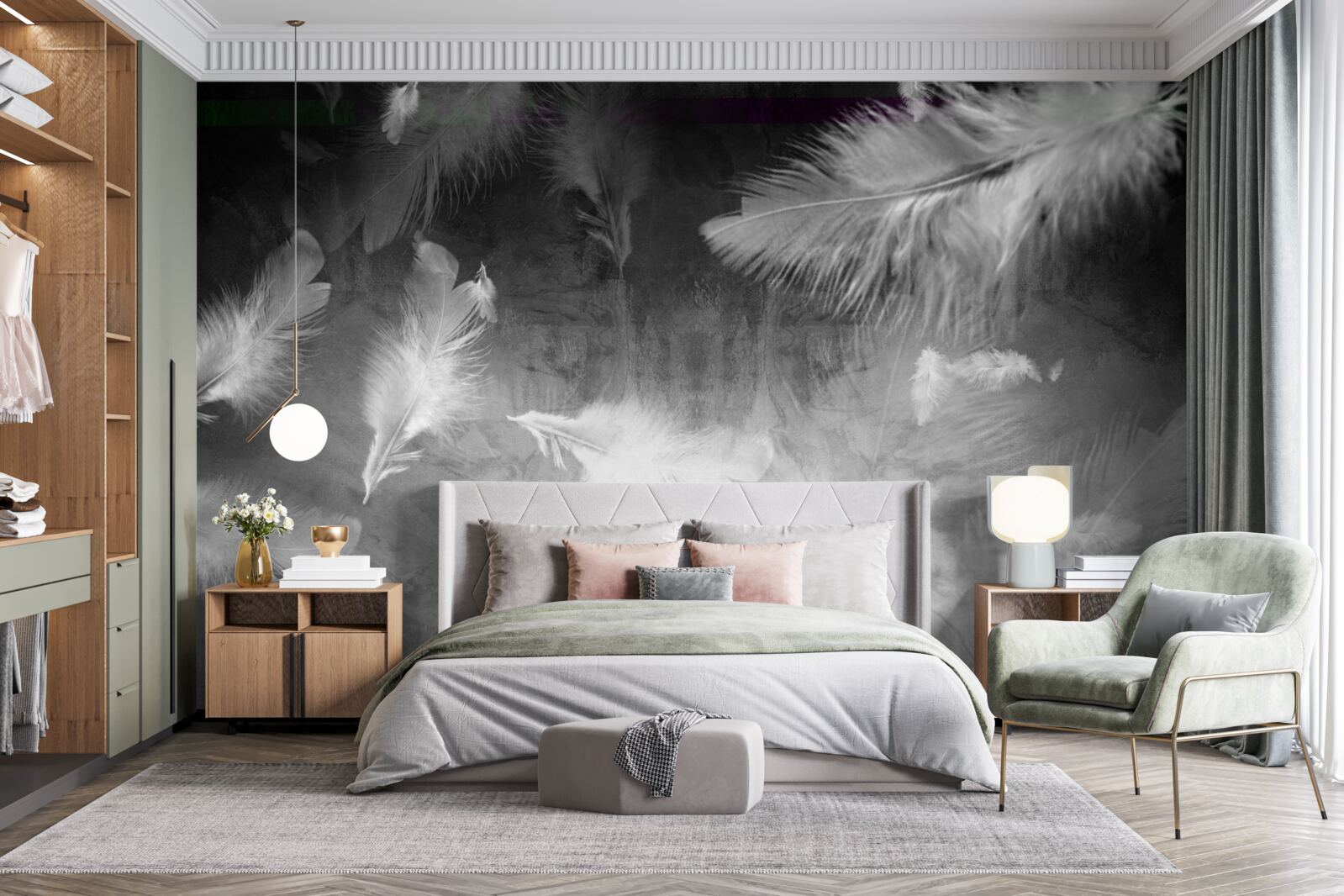 Fototapeta sivý podklad je zdobený bielymi pierkami