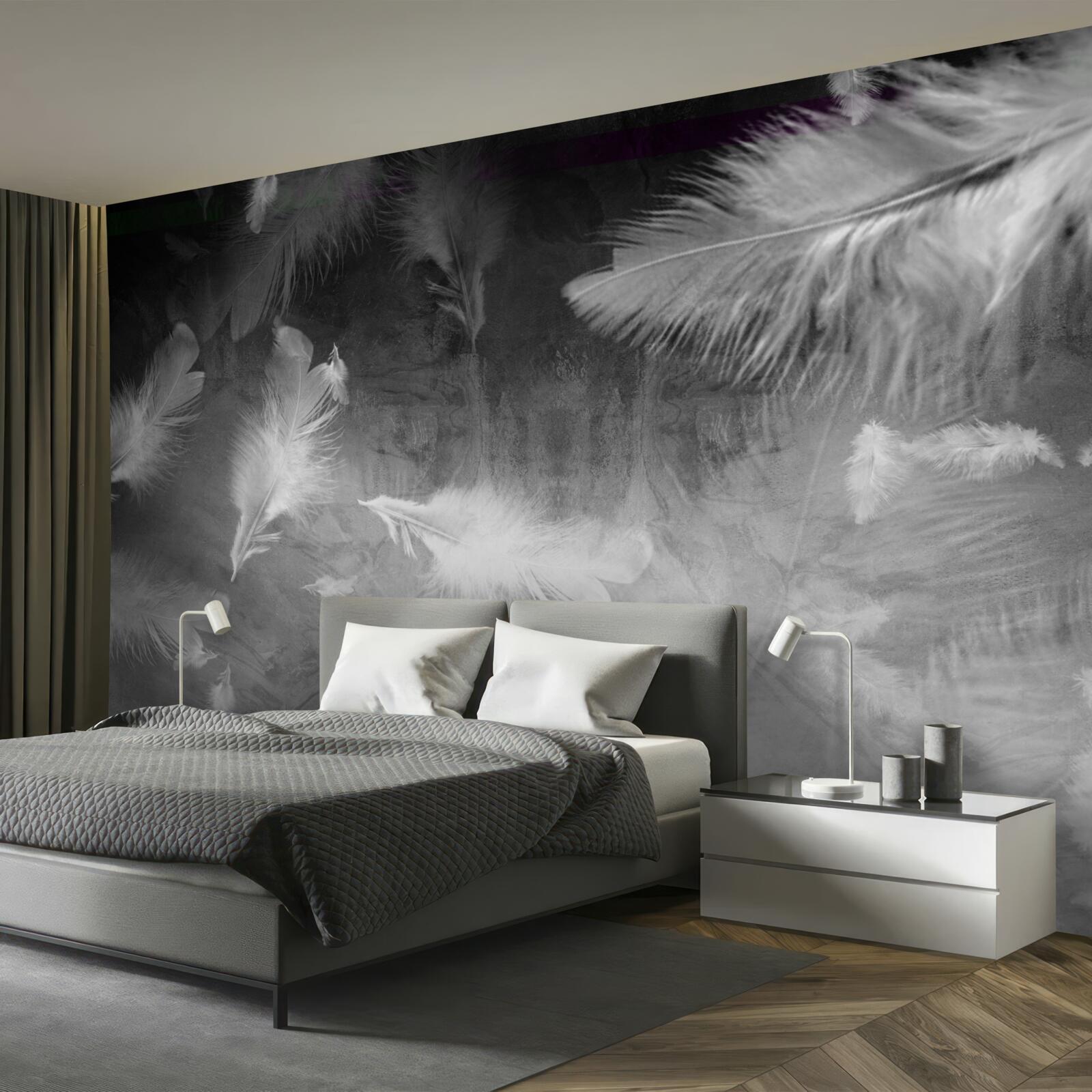 Fototapeta sivý podklad je zdobený bielymi pierkami