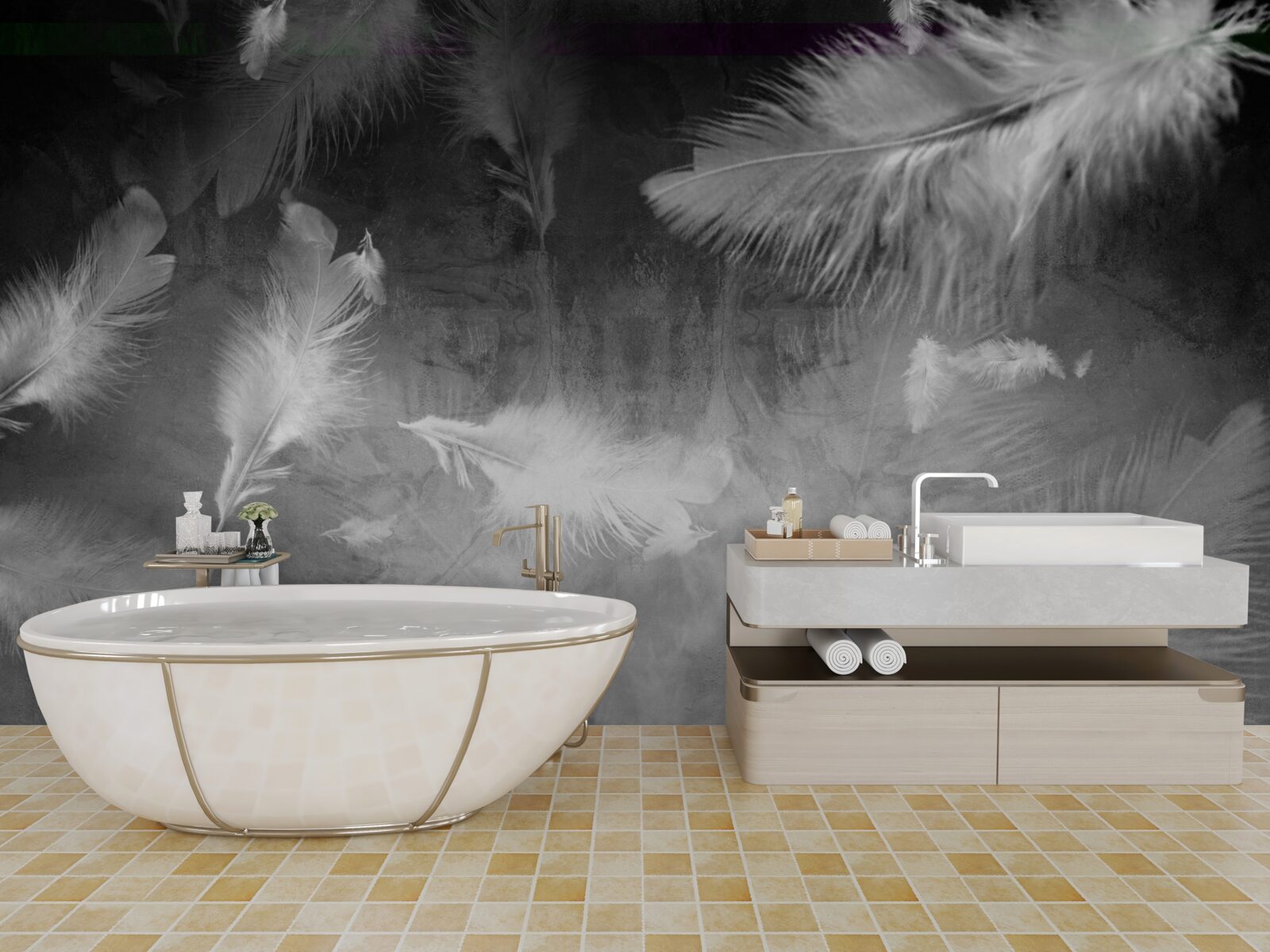 Fototapeta sivý podklad je zdobený bielymi pierkami