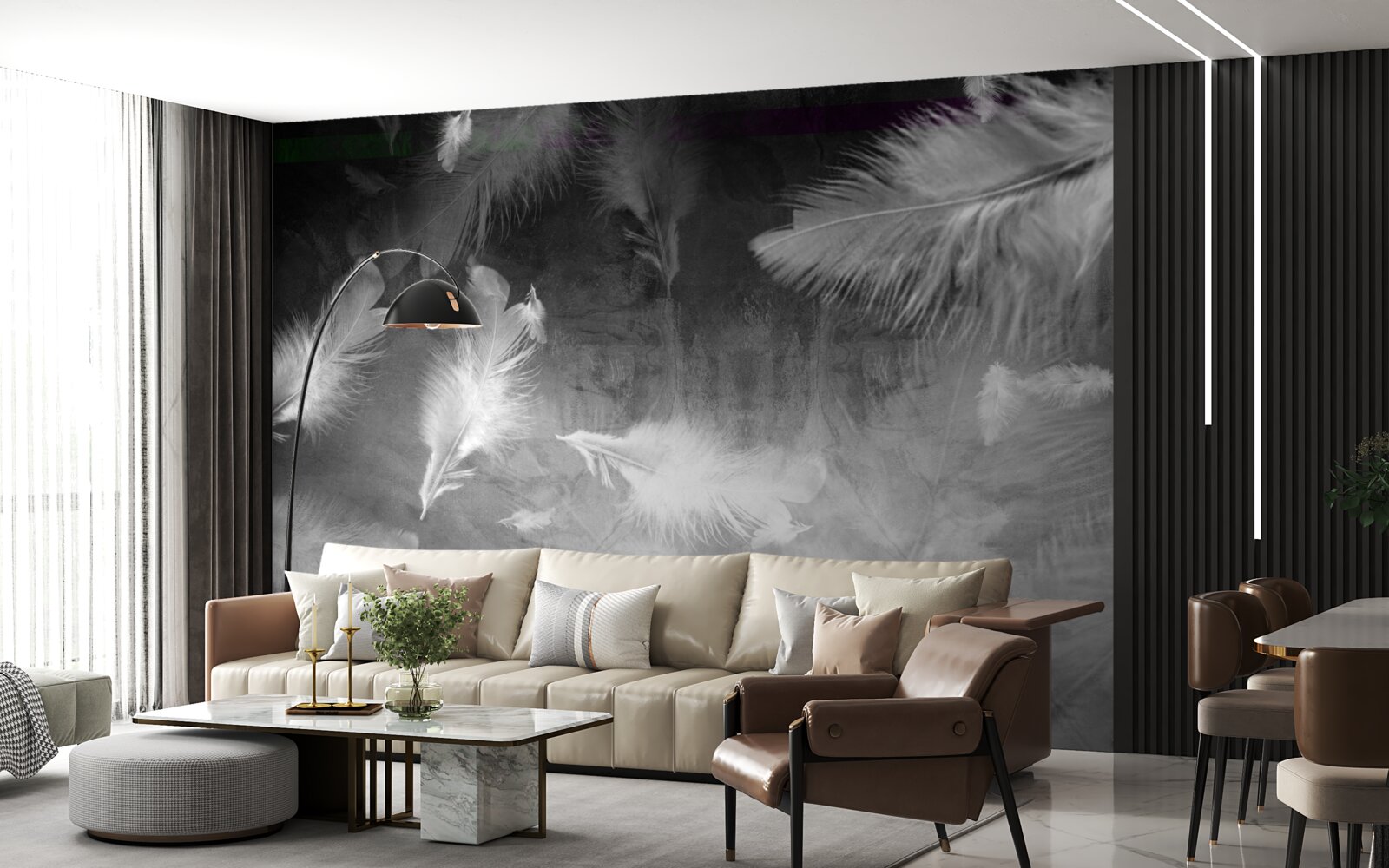 Fototapeta sivý podklad je zdobený bielymi pierkami