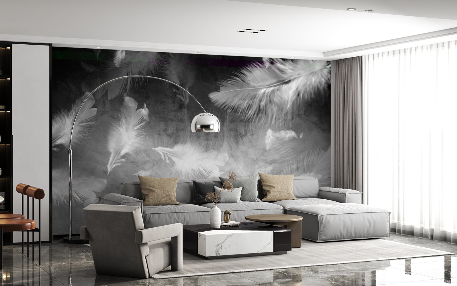 Fototapeta sivý podklad je zdobený bielymi pierkami