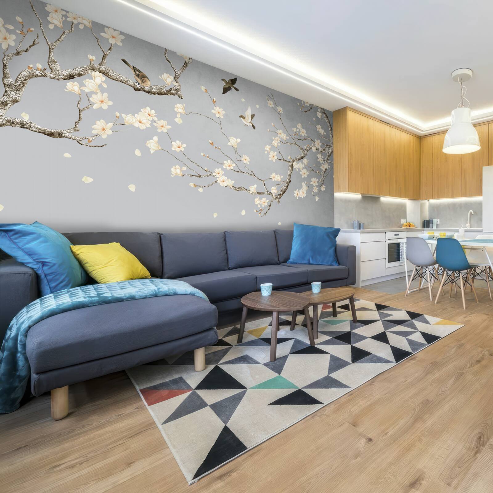 Fototapeta vtáky krúžia okolo rozkvitnutého stromu