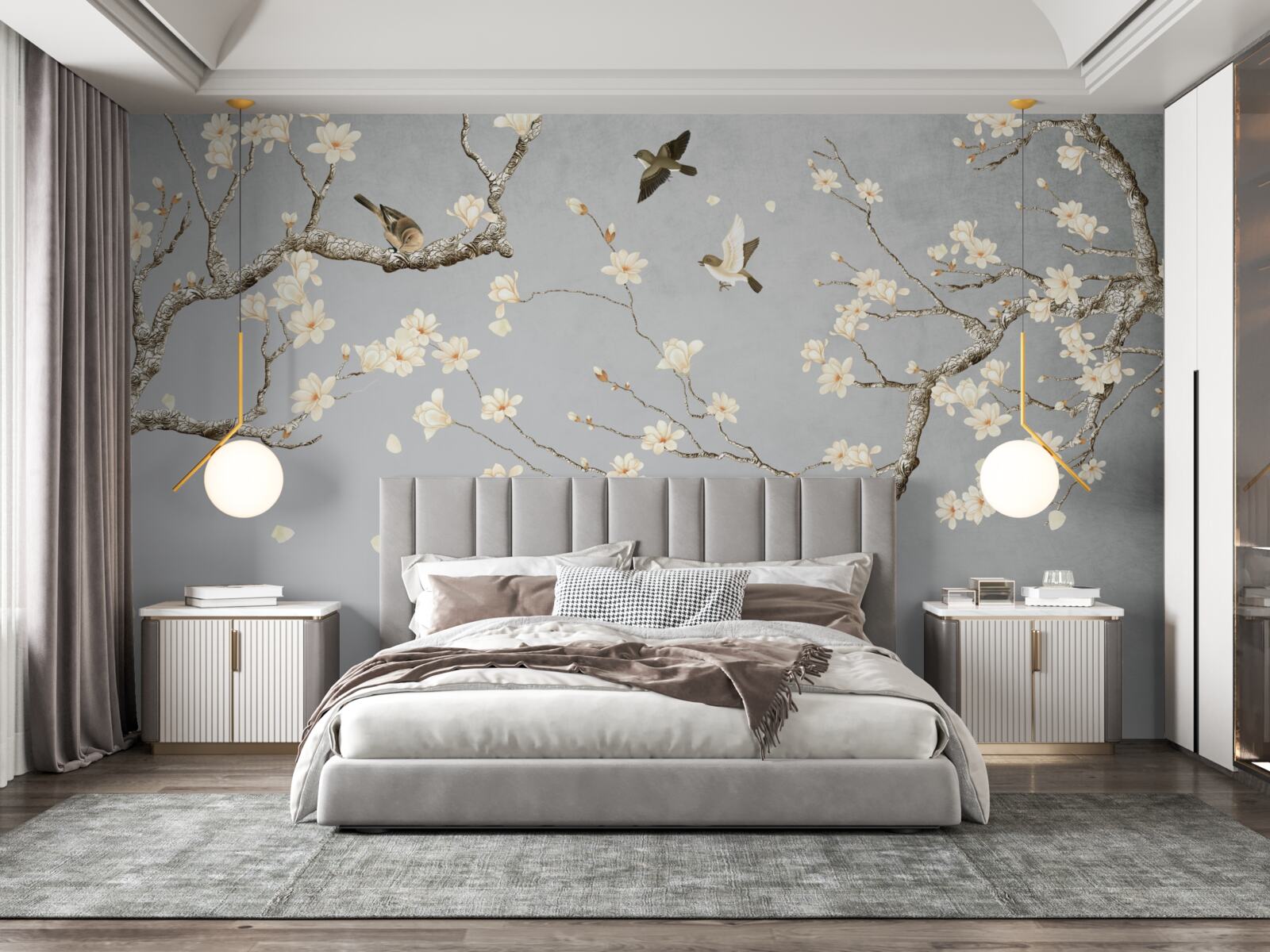 Fototapeta vtáky krúžia okolo rozkvitnutého stromu