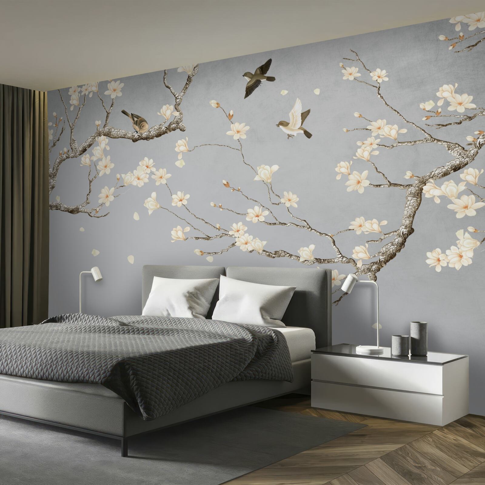 Fototapeta vtáky krúžia okolo rozkvitnutého stromu