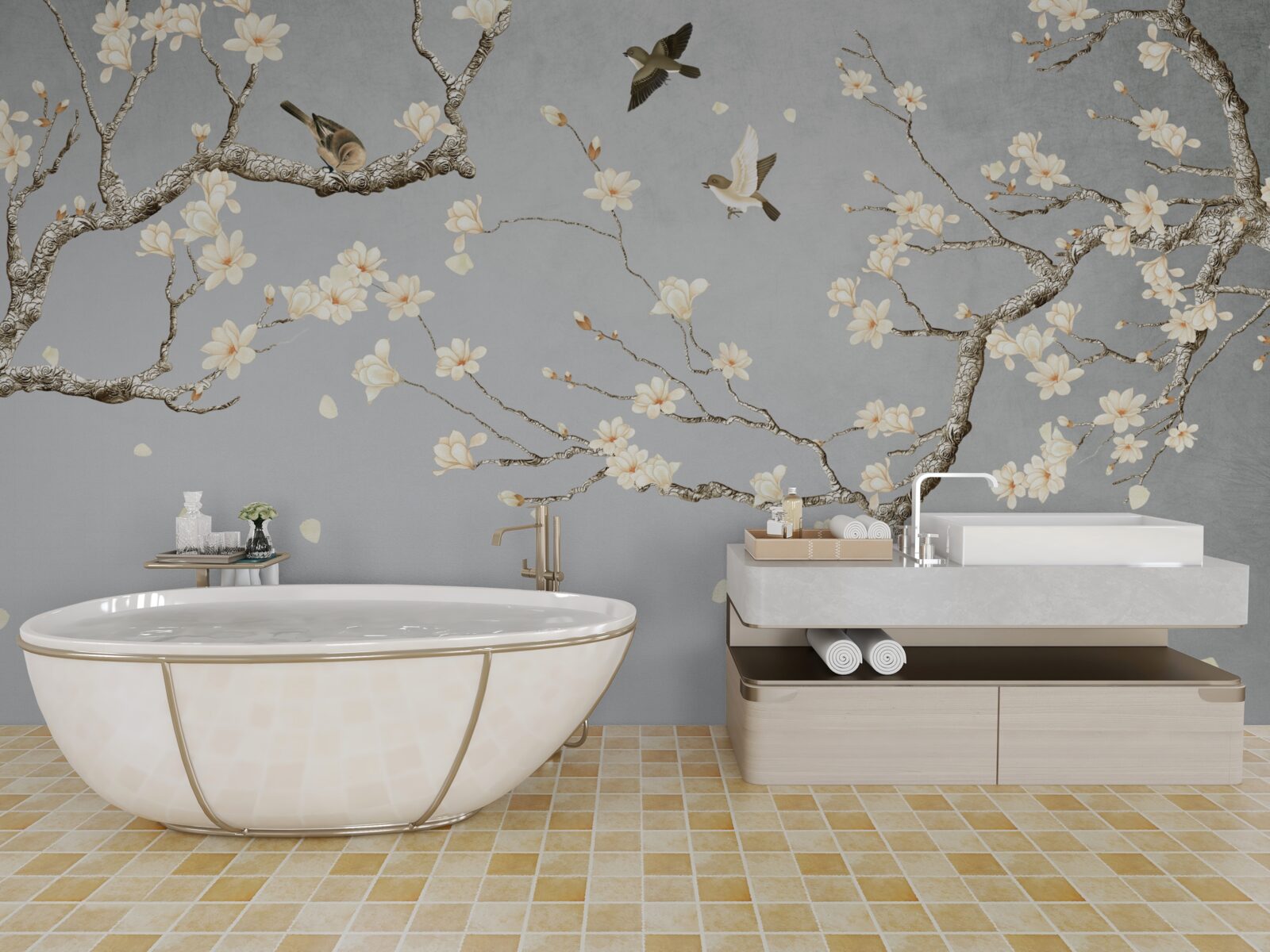 Fototapeta vtáky krúžia okolo rozkvitnutého stromu