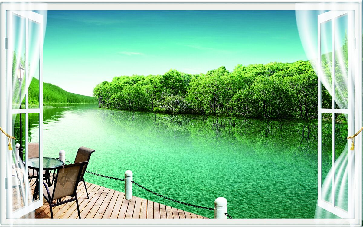 Fototapeta terasa pri zelenkastom jazierku