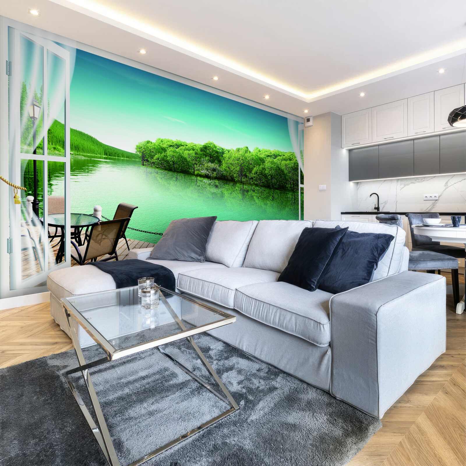 Fototapeta terasa pri zelenkastom jazierku