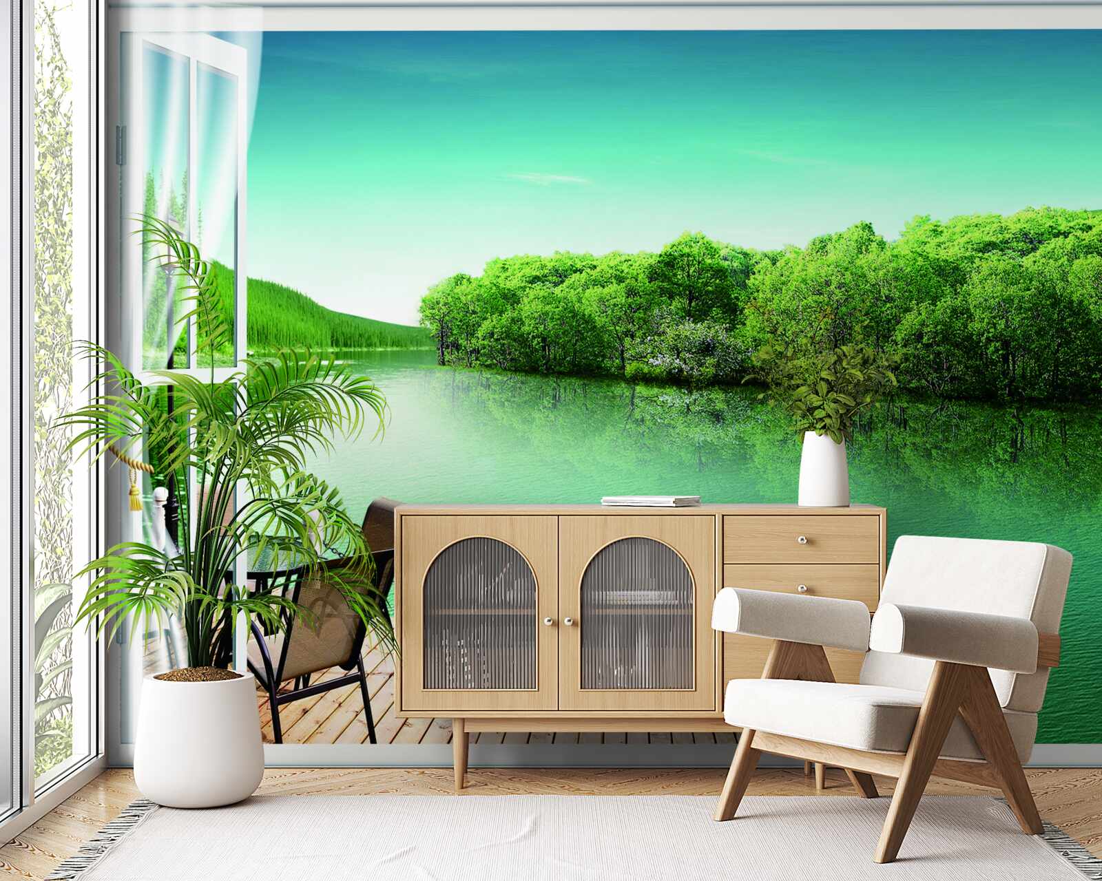 Fototapeta terasa pri zelenkastom jazierku